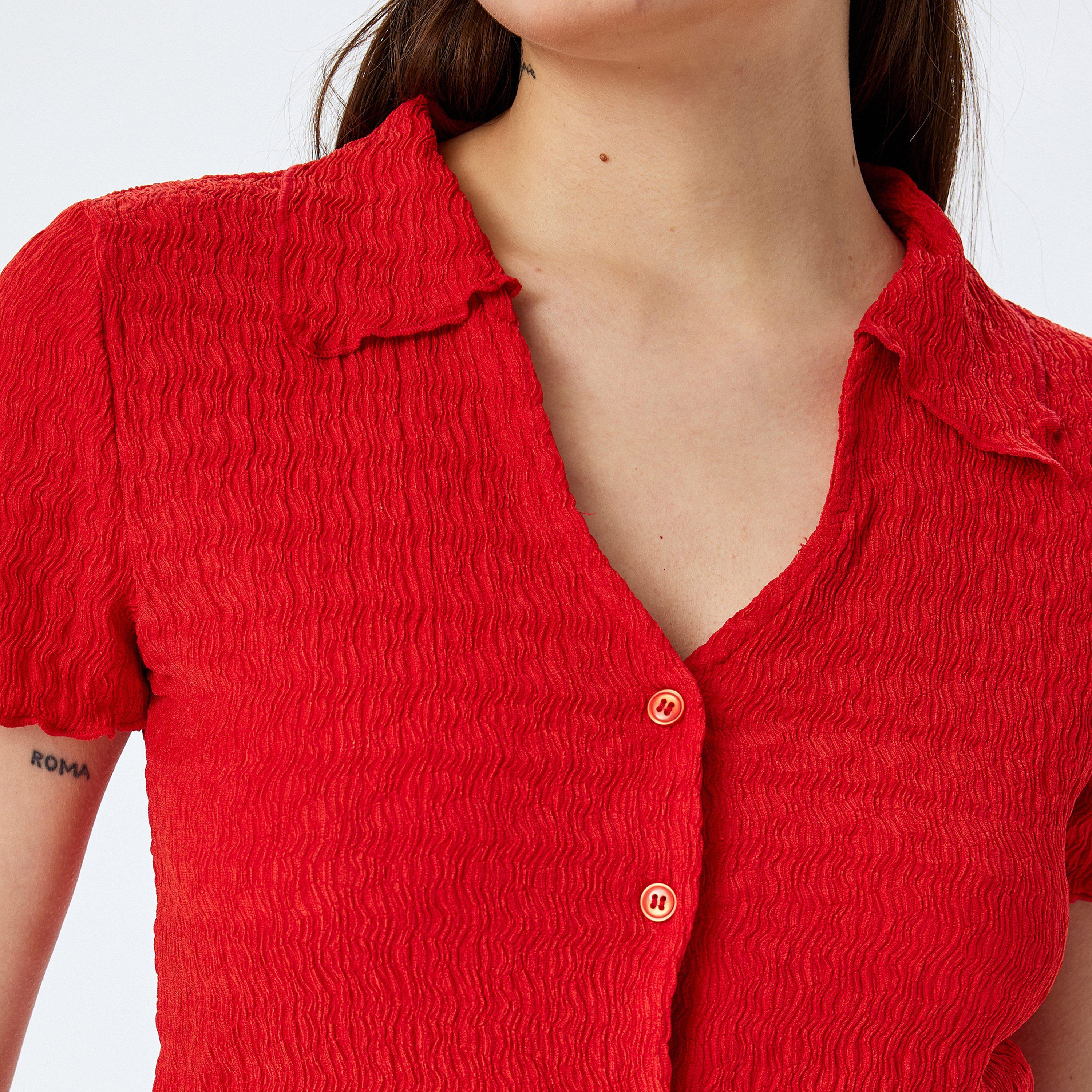 KOTON Textured Collared Short Sleeves Women's Shirt-women-clothing-shirtsandblouses-shirts-image-5
