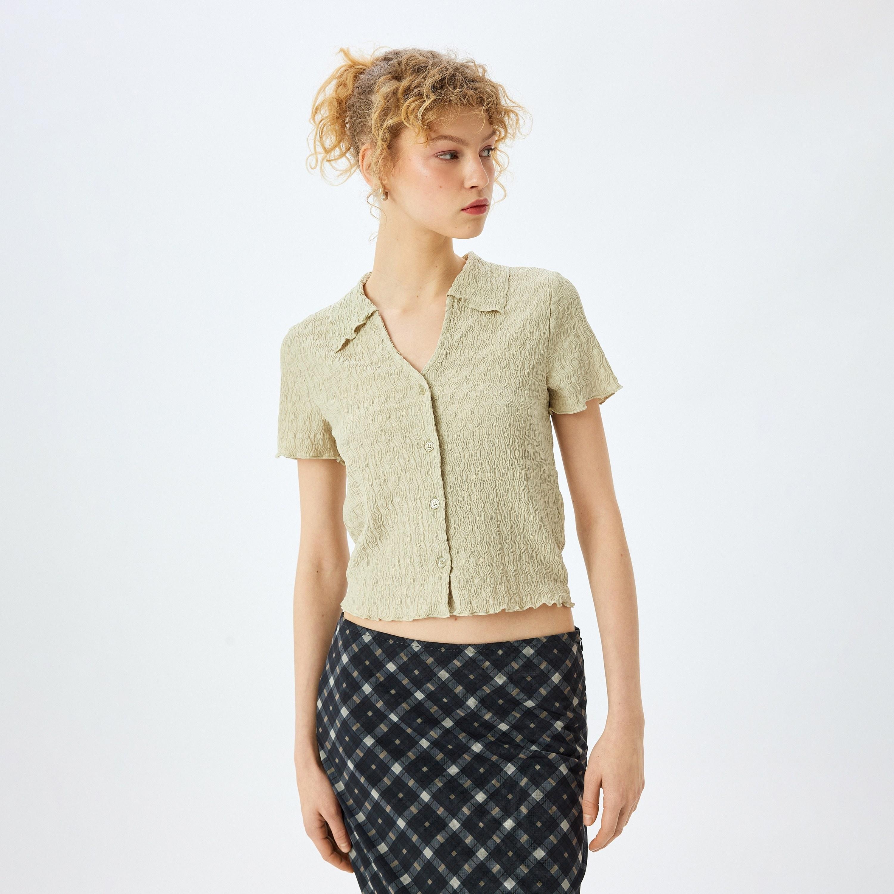Koton Green Textured Collared Short Sleeves Women's Top-women-clothing-shirtsandblouses-blouses-image-1