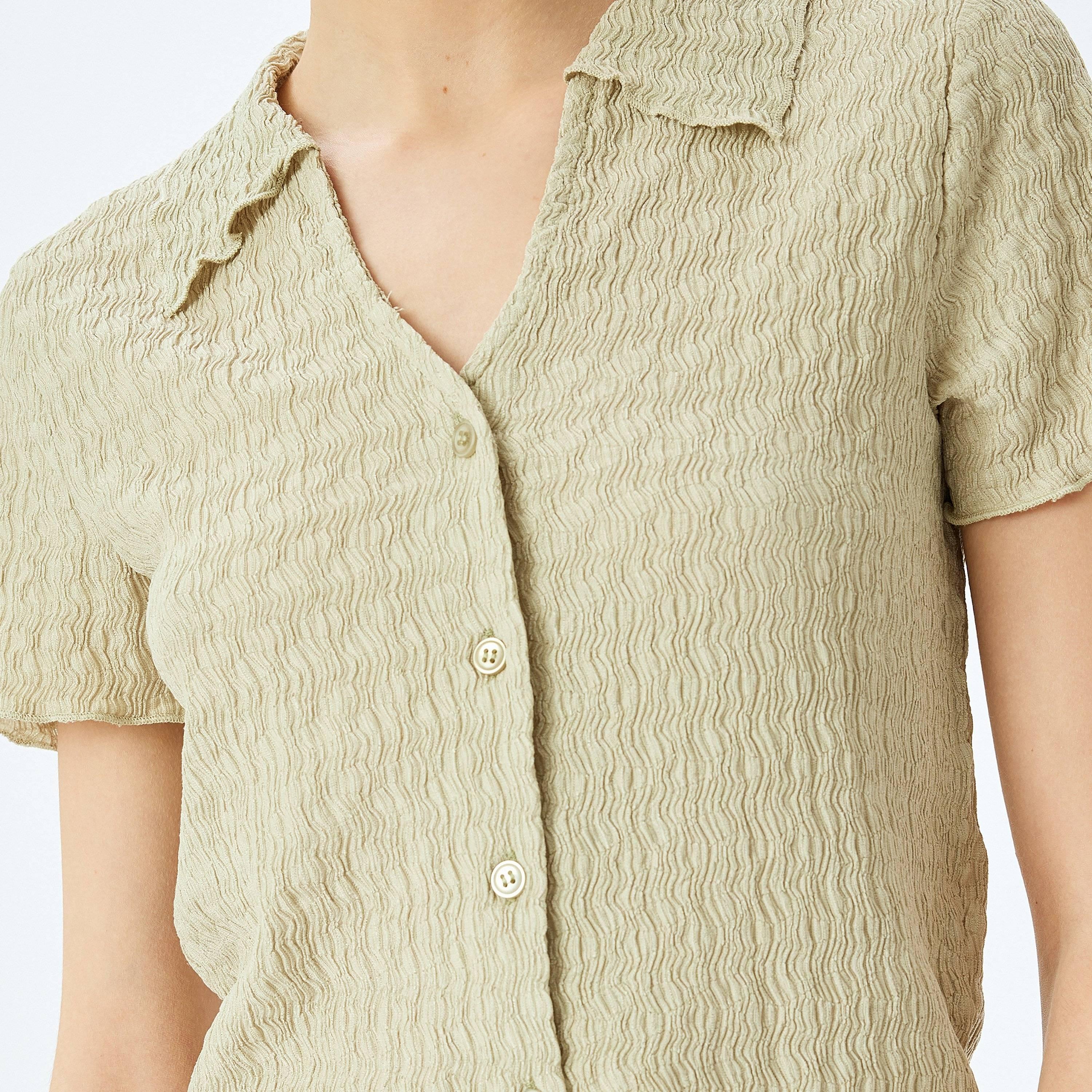 Koton Green Textured Collared Short Sleeves Women's Top-women-clothing-shirtsandblouses-blouses-image-4