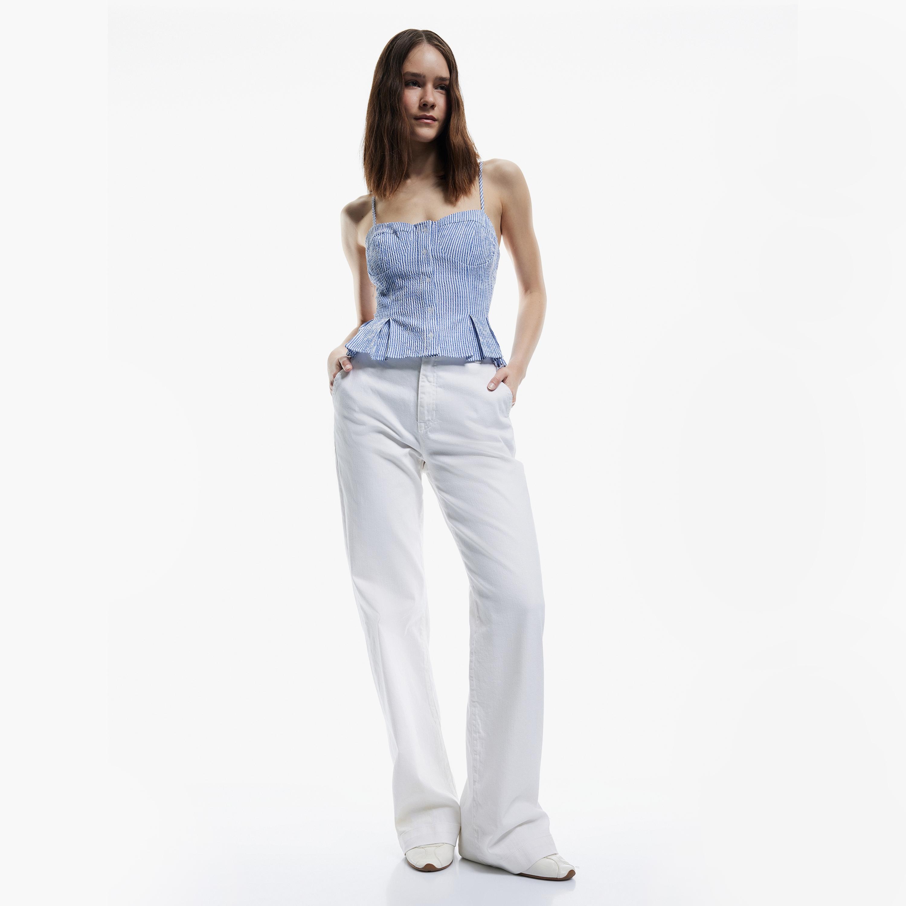 KOTON Blue Striped Cotton Sweetheart Neck Women's Top-women-clothing-shirtsandblouses-blouses-image-2