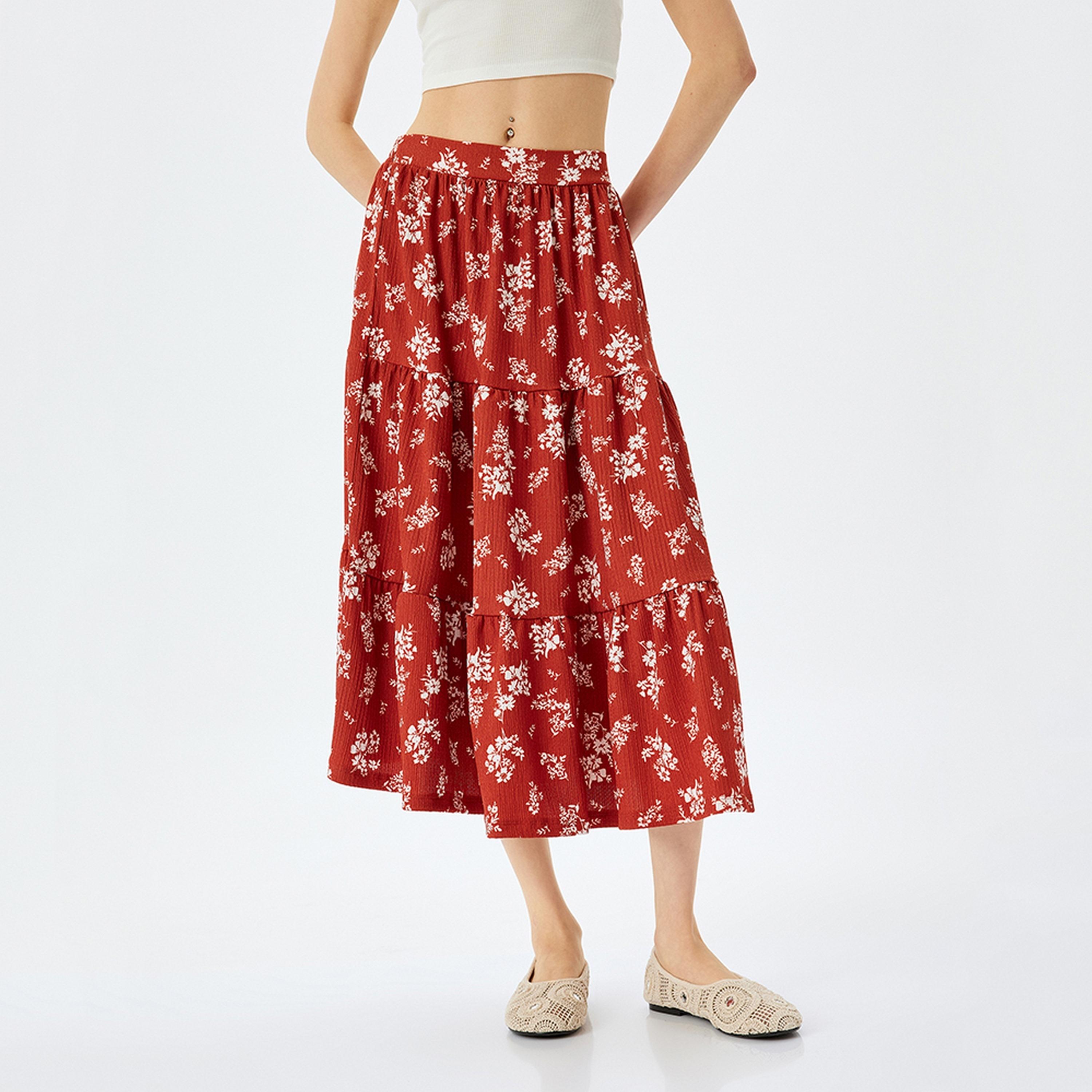 تنورة ميدي نسائية بقصة ايه-لاين بطبقات وطبعة زهور من كوتون.-women-clothing-bottoms-skirts-image-1