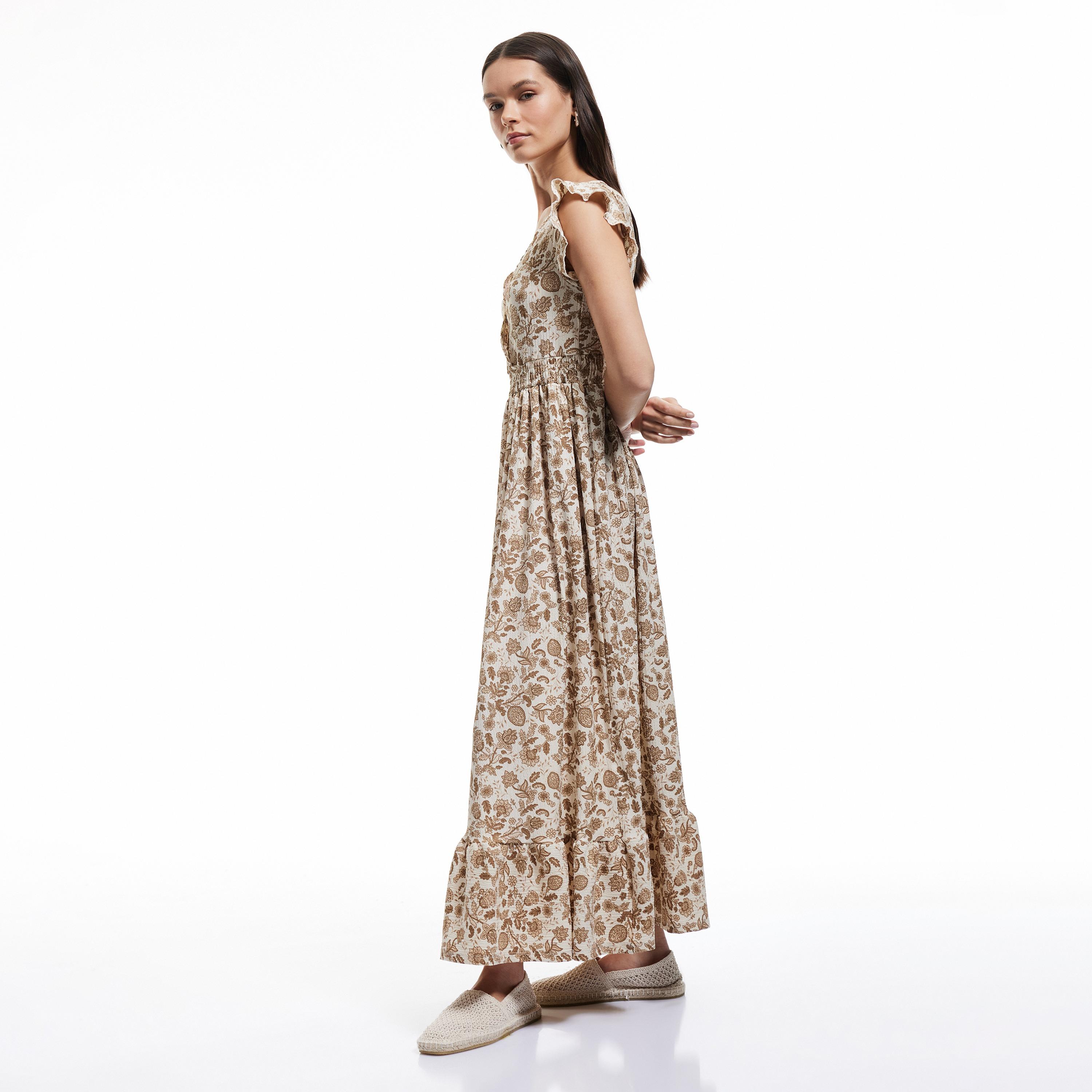 Koton Beige Floral Print Ruffle Sleeves Tiered Women's Maxi Dress-women-clothing-dresses-image-2