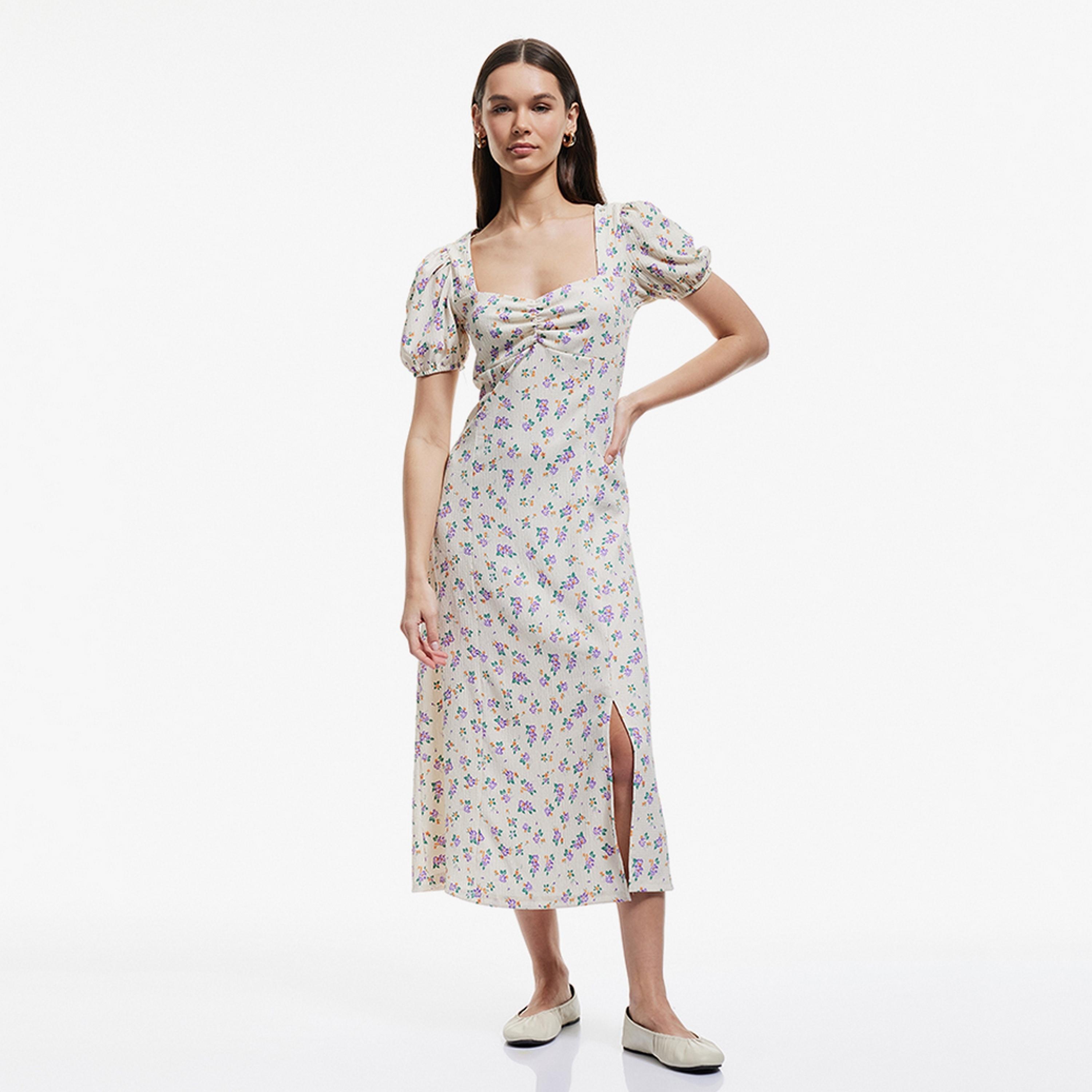فستان ميدي نسائي بفتحة جانبية وياقة مربعة وطبعة زهور باللون البيج من كوتون.-women-clothing-dresses-image-1