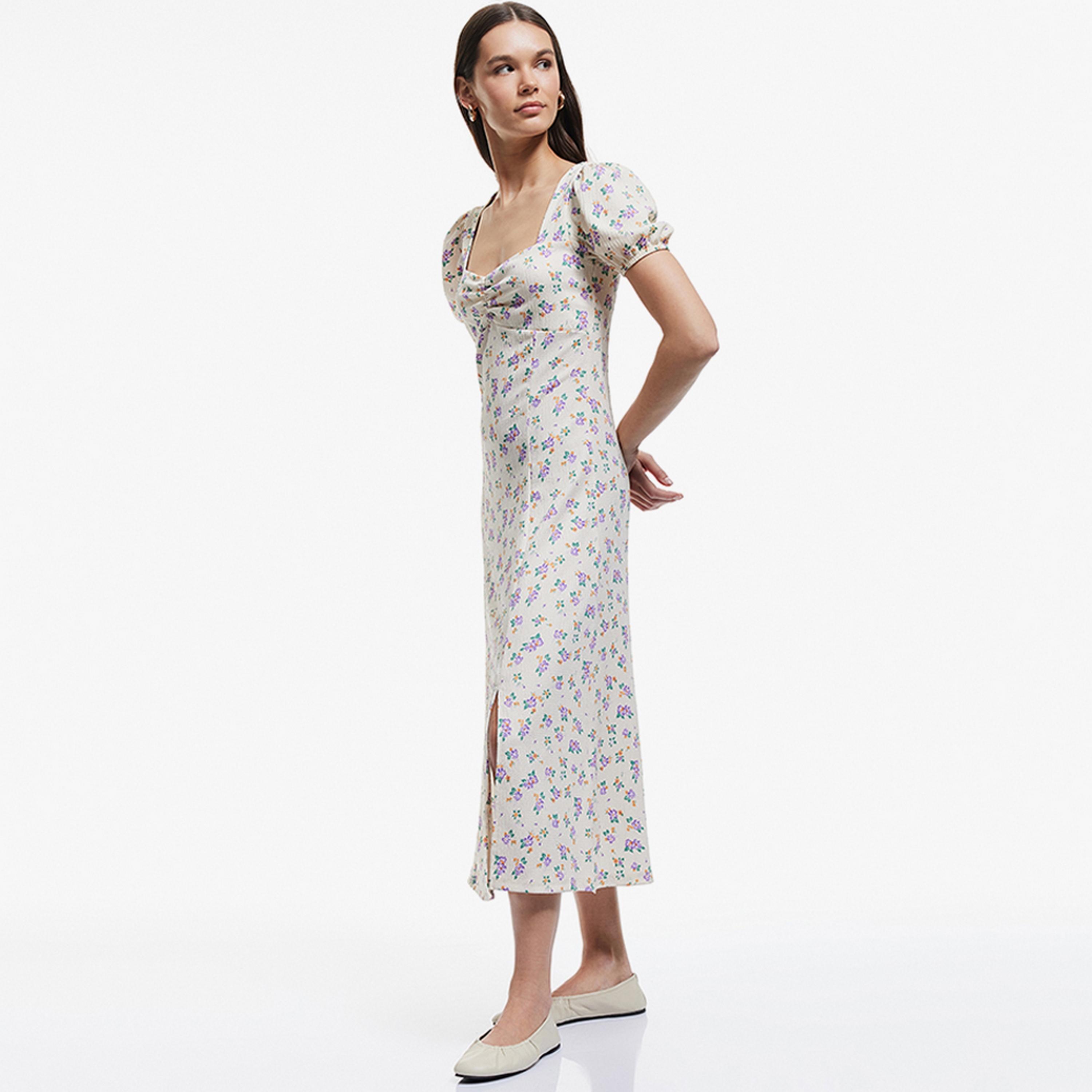 فستان ميدي نسائي بفتحة جانبية وياقة مربعة وطبعة زهور باللون البيج من كوتون.-women-clothing-dresses-image-2