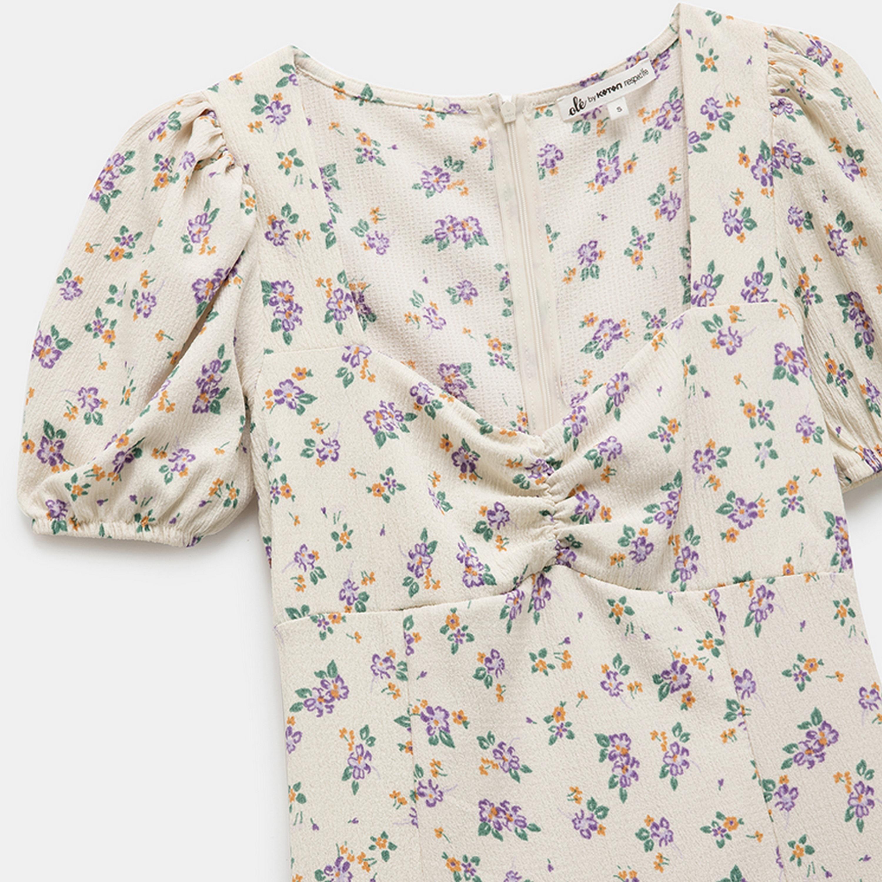 فستان ميدي نسائي بفتحة جانبية وياقة مربعة وطبعة زهور باللون البيج من كوتون.-women-clothing-dresses-image-3