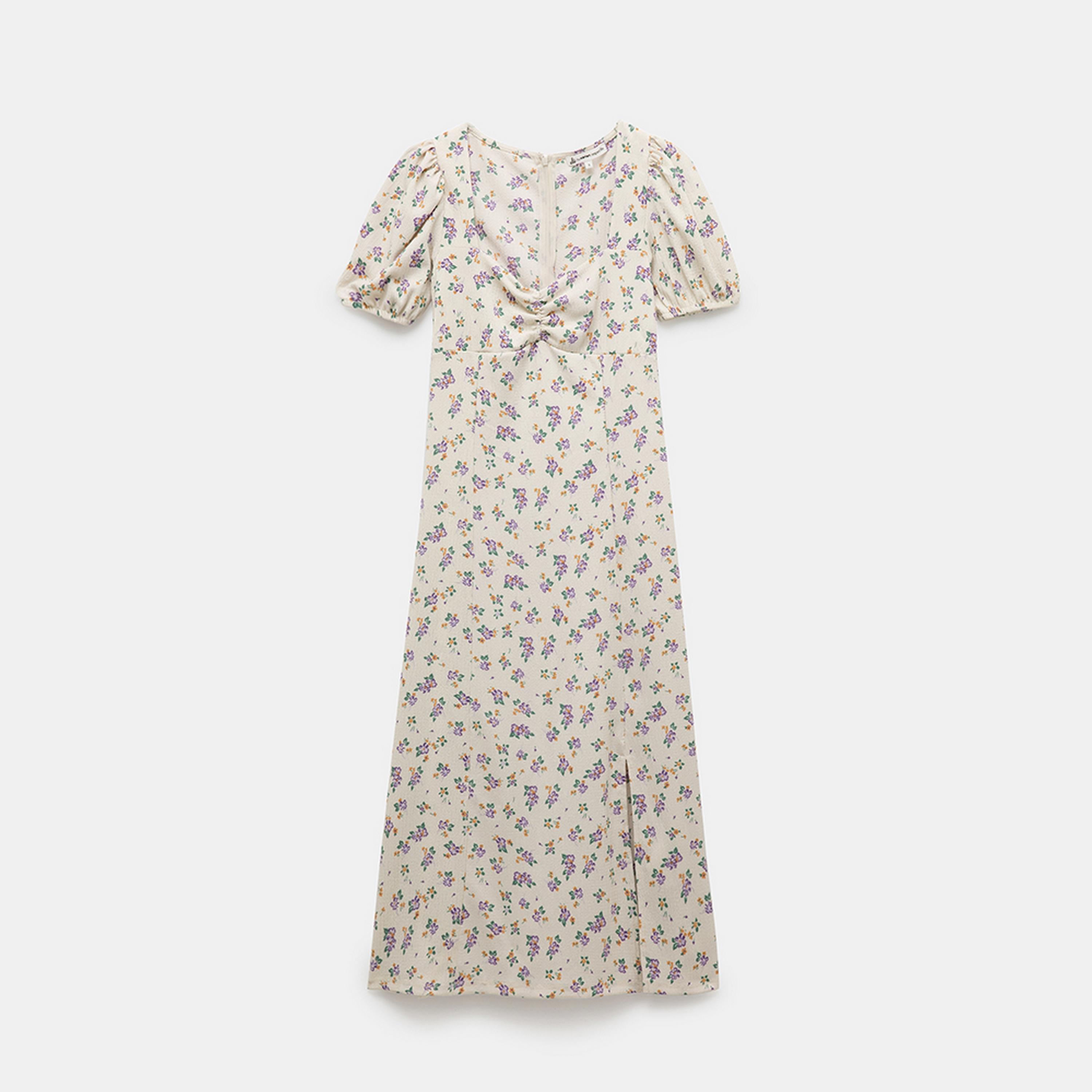 فستان ميدي نسائي بفتحة جانبية وياقة مربعة وطبعة زهور باللون البيج من كوتون.-women-clothing-dresses-image-4