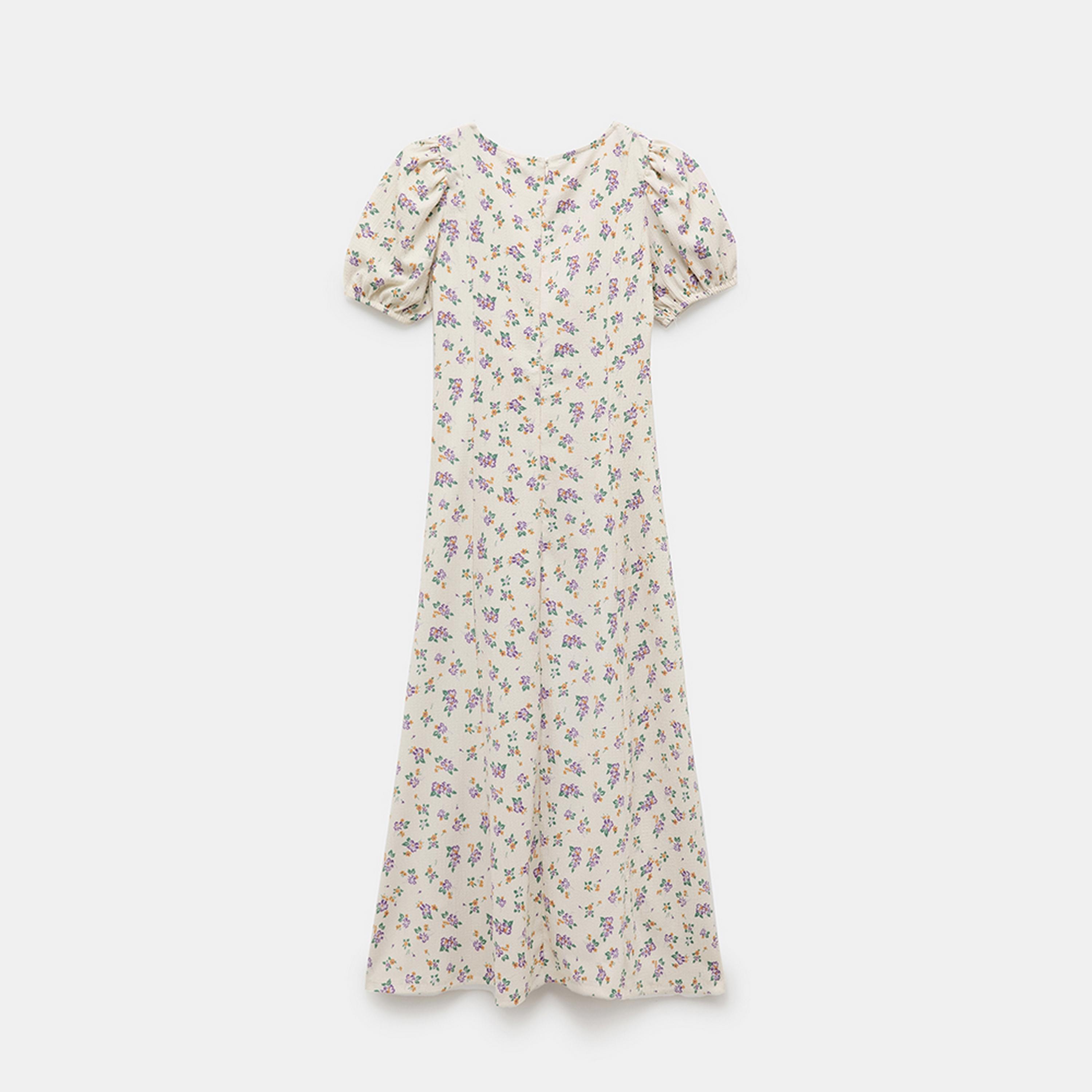 فستان ميدي نسائي بفتحة جانبية وياقة مربعة وطبعة زهور باللون البيج من كوتون.-women-clothing-dresses-image-5