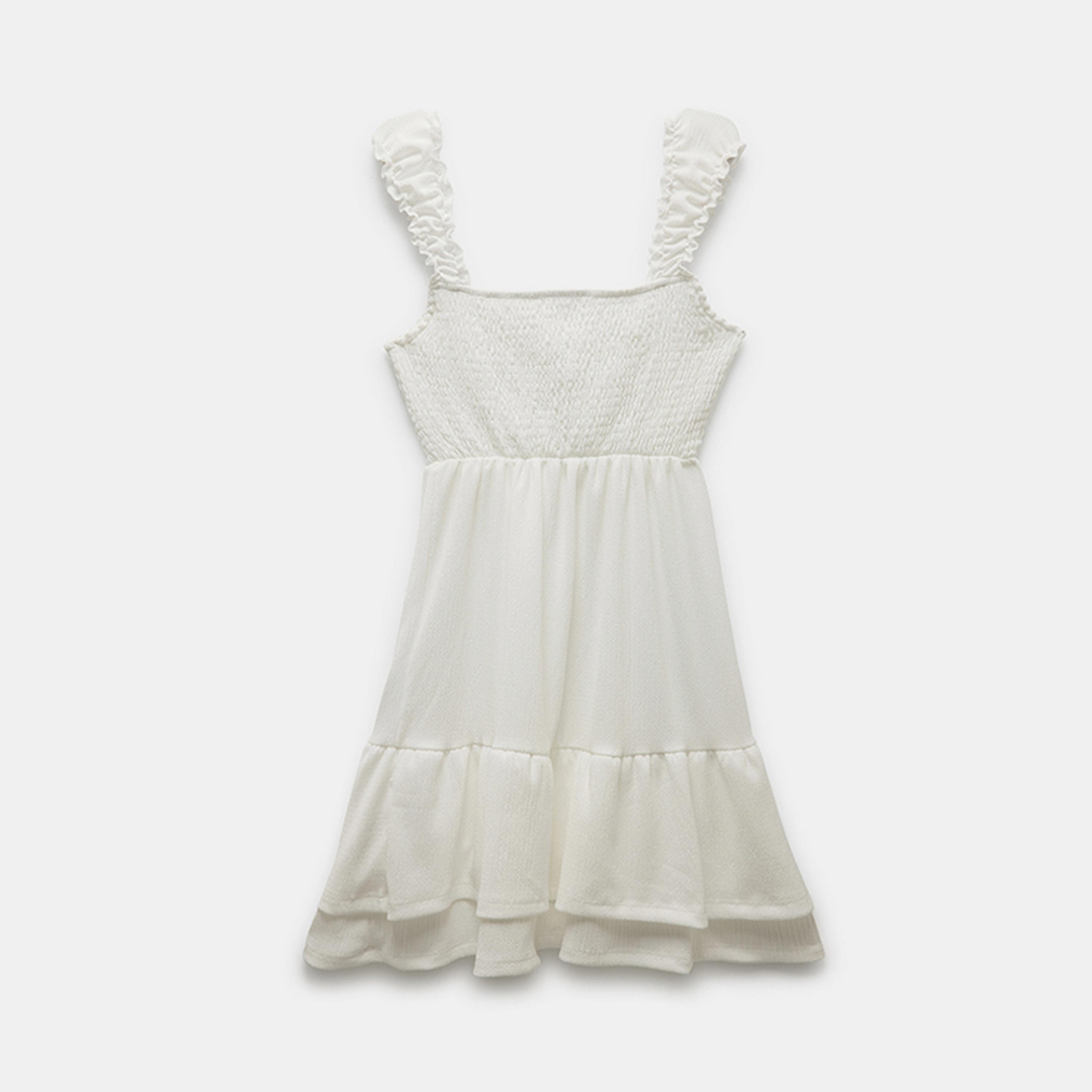 فستان ميني نسائي بياقة مربعة ومزموم باللون الأبيض من كوتون.-women-clothing-dresses-image-4