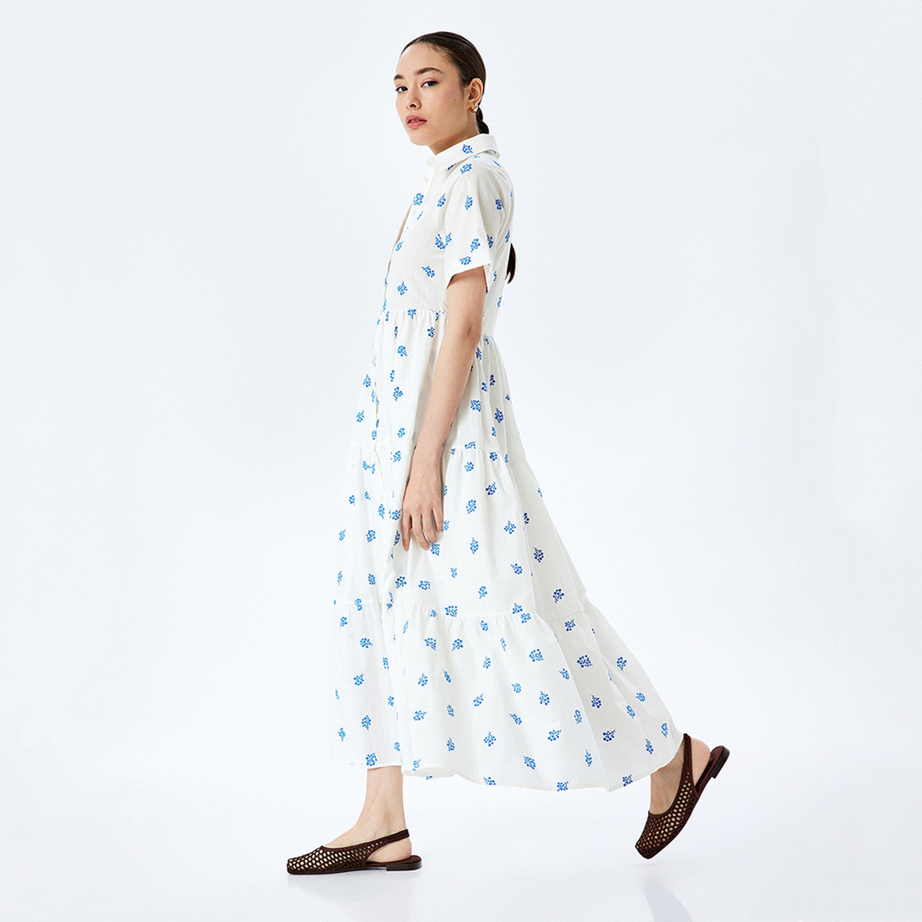 فستان ماكسي نسائي بقصة قميص وياقة من القطن وطبعة زهور باللون الأبيض من كوتون.-women-clothing-dresses-image-2
