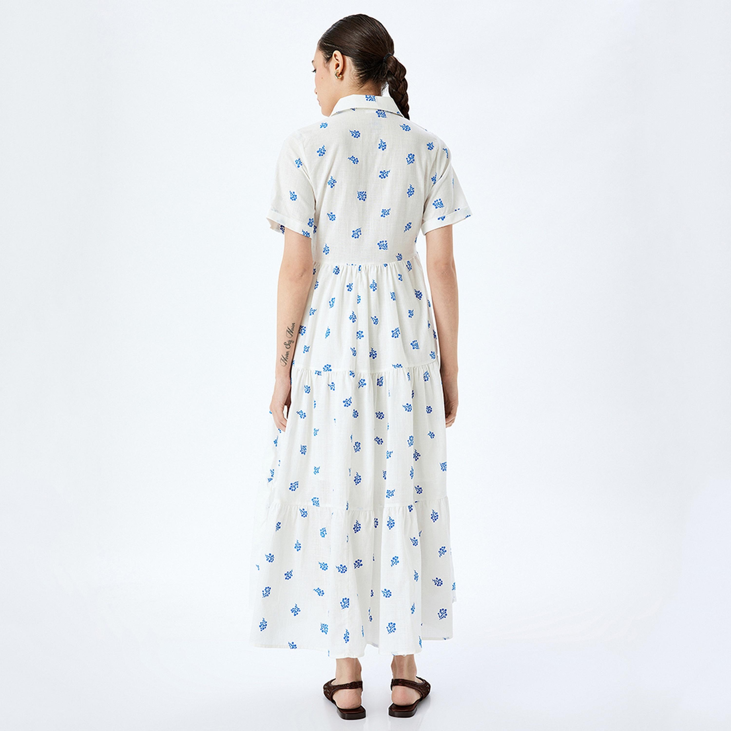 فستان ماكسي نسائي بقصة قميص وياقة من القطن وطبعة زهور باللون الأبيض من كوتون.-women-clothing-dresses-image-3