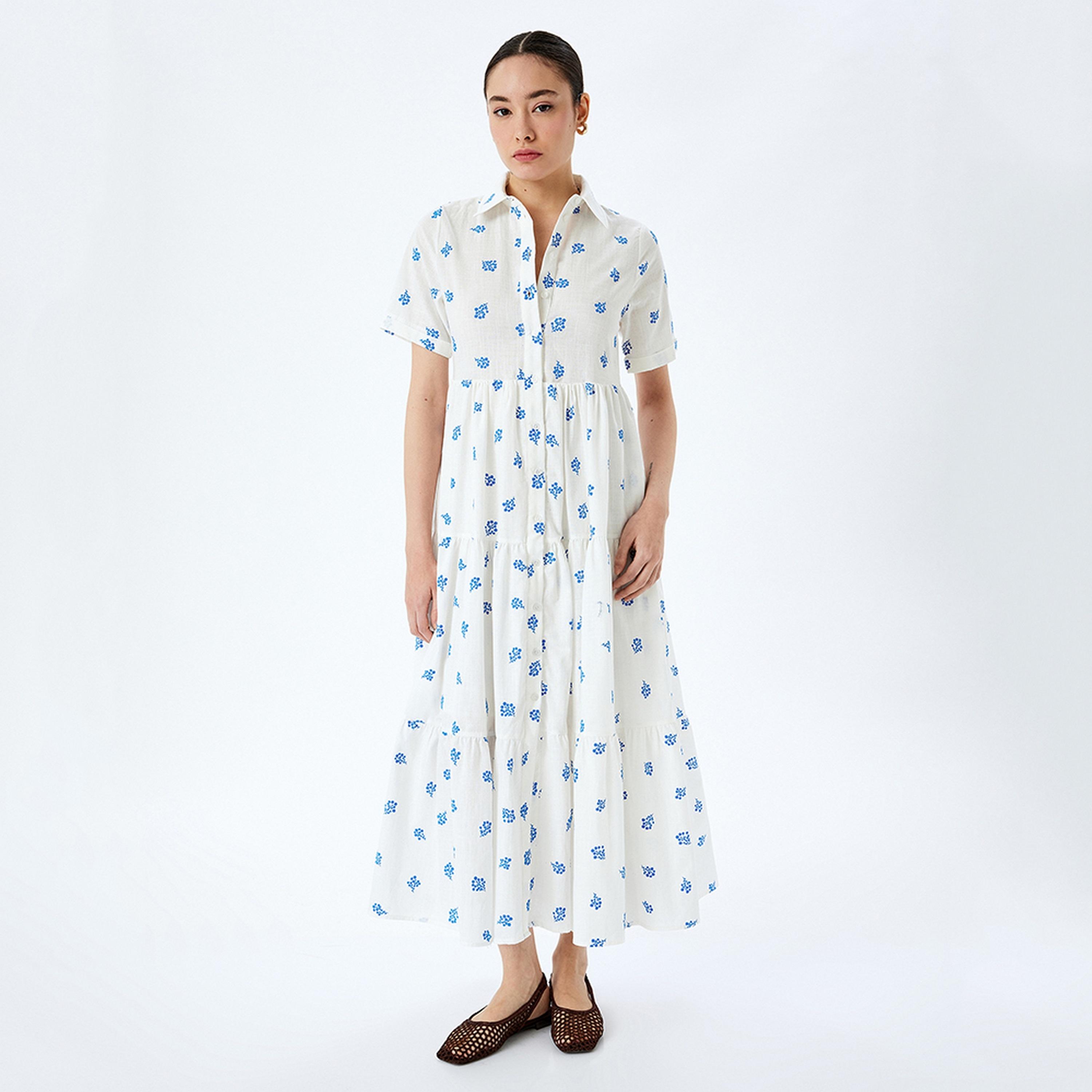 فستان ماكسي نسائي بقصة قميص وياقة من القطن وطبعة زهور باللون الأبيض من كوتون.-women-clothing-dresses-image-4