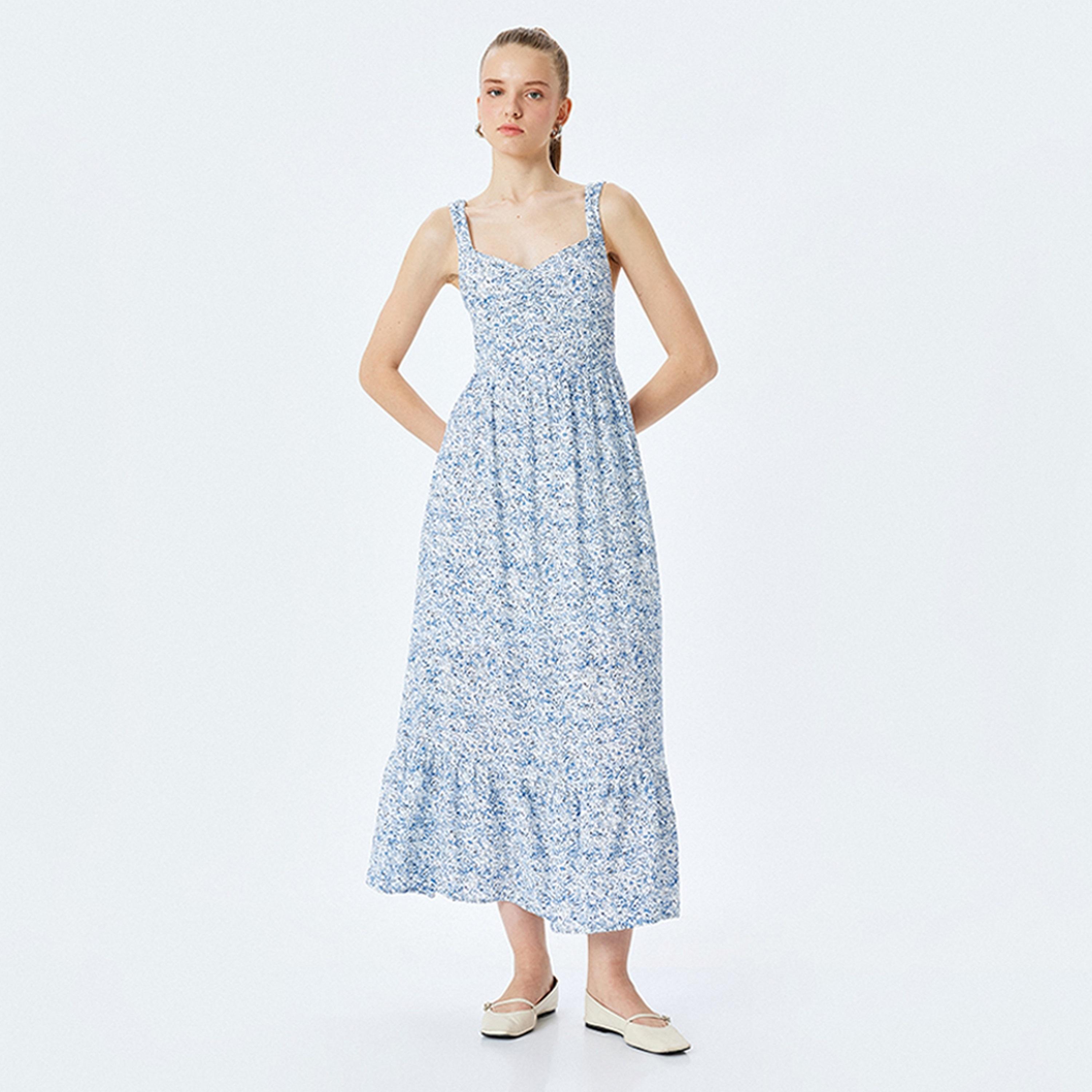 KOTON Blue Floral Print Viscose Sweetheart Neck Fit & Flared Women's Midi Dress-women-clothing-dresses-image-1