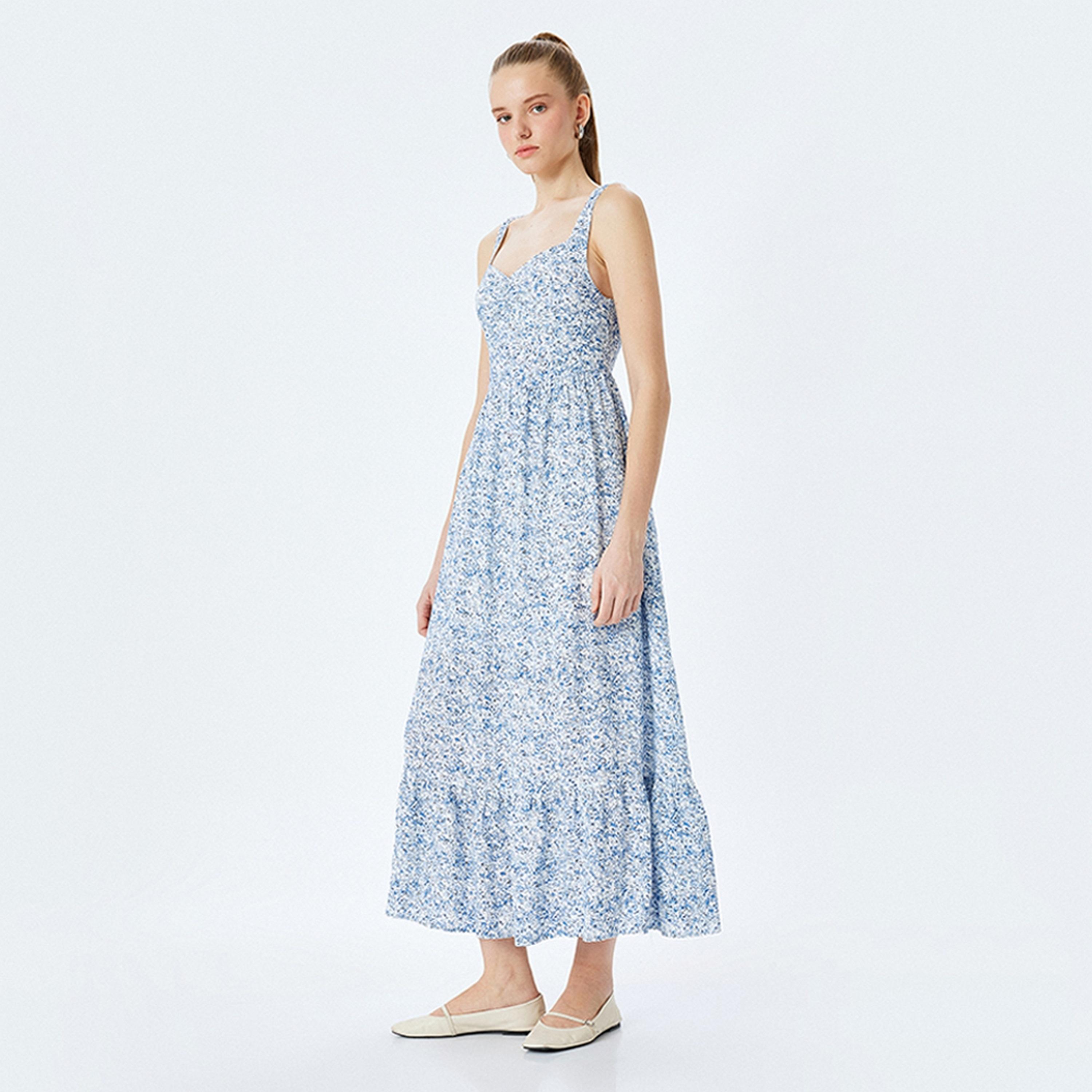 KOTON Blue Floral Print Viscose Sweetheart Neck Fit & Flared Women's Midi Dress-women-clothing-dresses-image-2