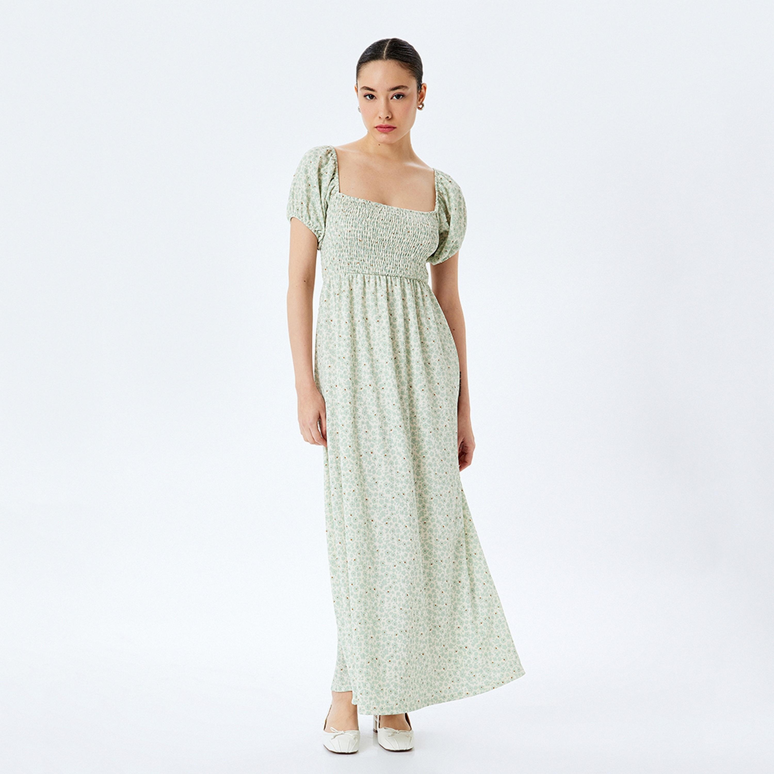 KOTON Green Smocked Abstract Print Square Neck Women's Maxi Dress-women-clothing-dresses-image-1