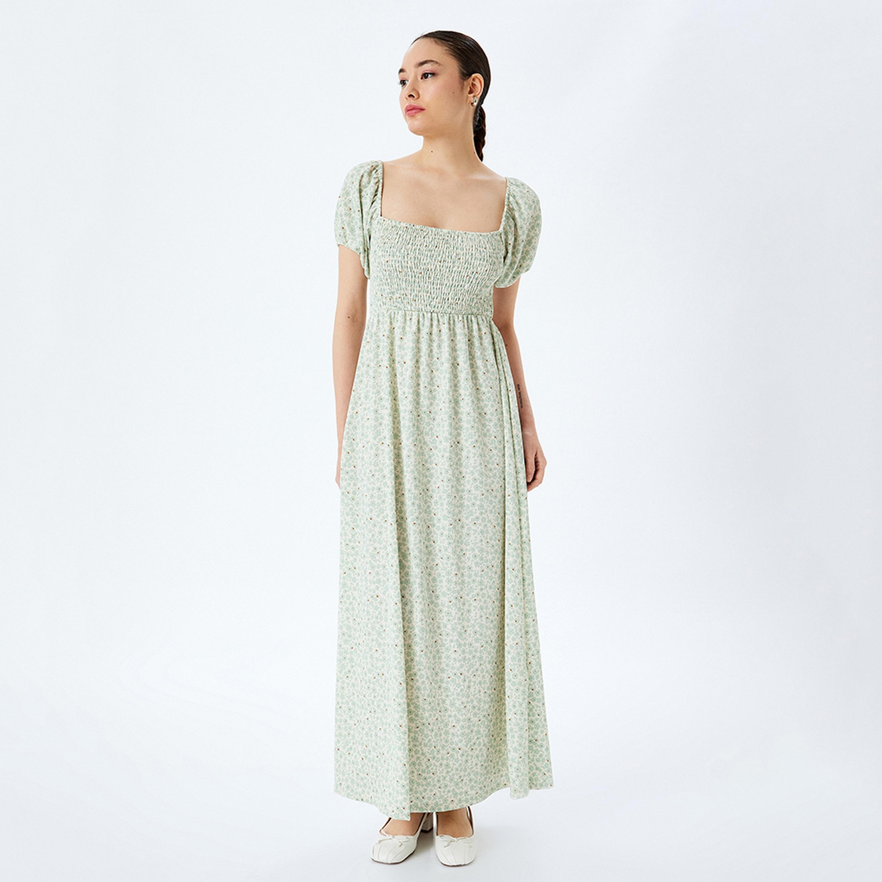 KOTON Green Smocked Abstract Print Square Neck Women's Maxi Dress-women-clothing-dresses-image-2