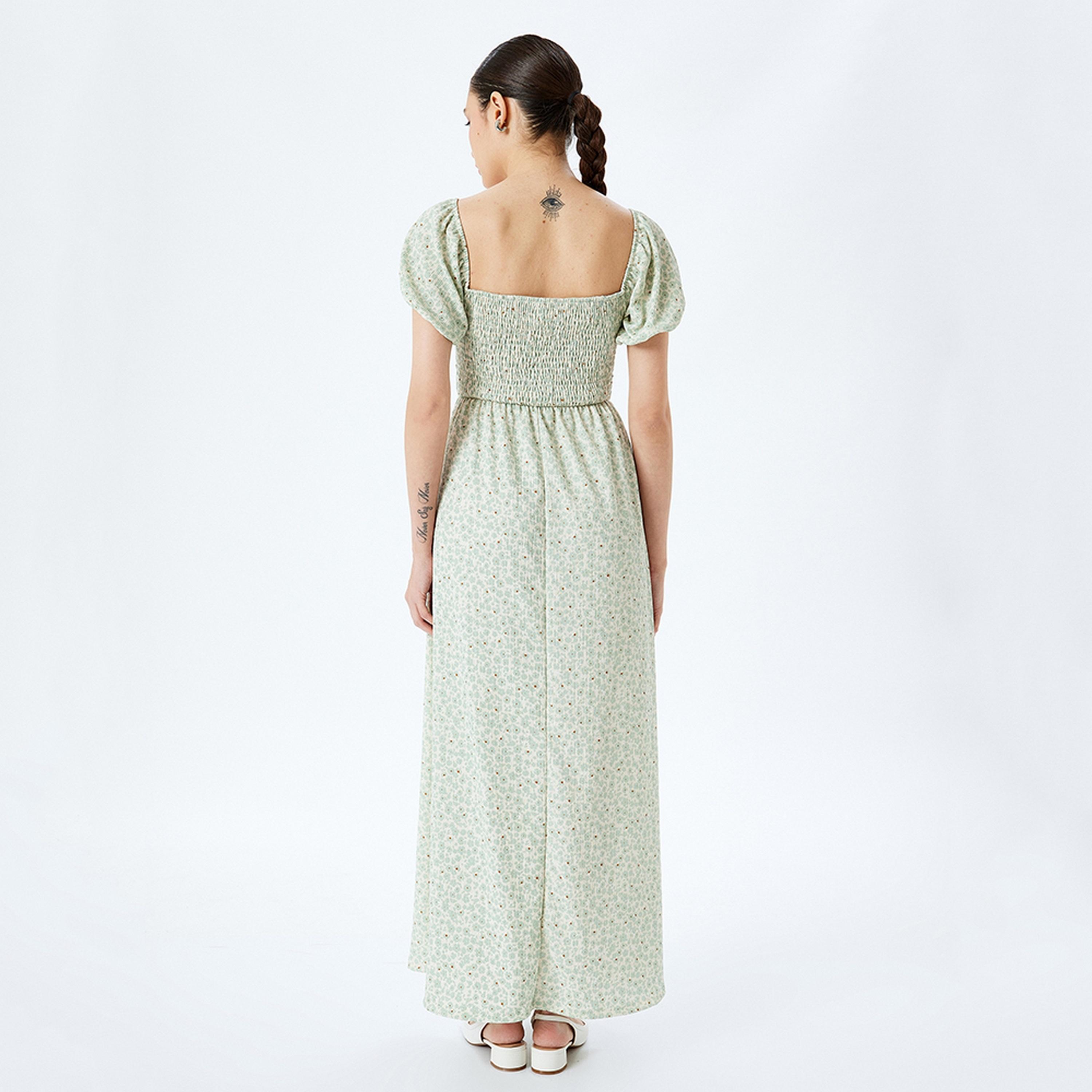 KOTON Green Smocked Abstract Print Square Neck Women's Maxi Dress-women-clothing-dresses-image-3
