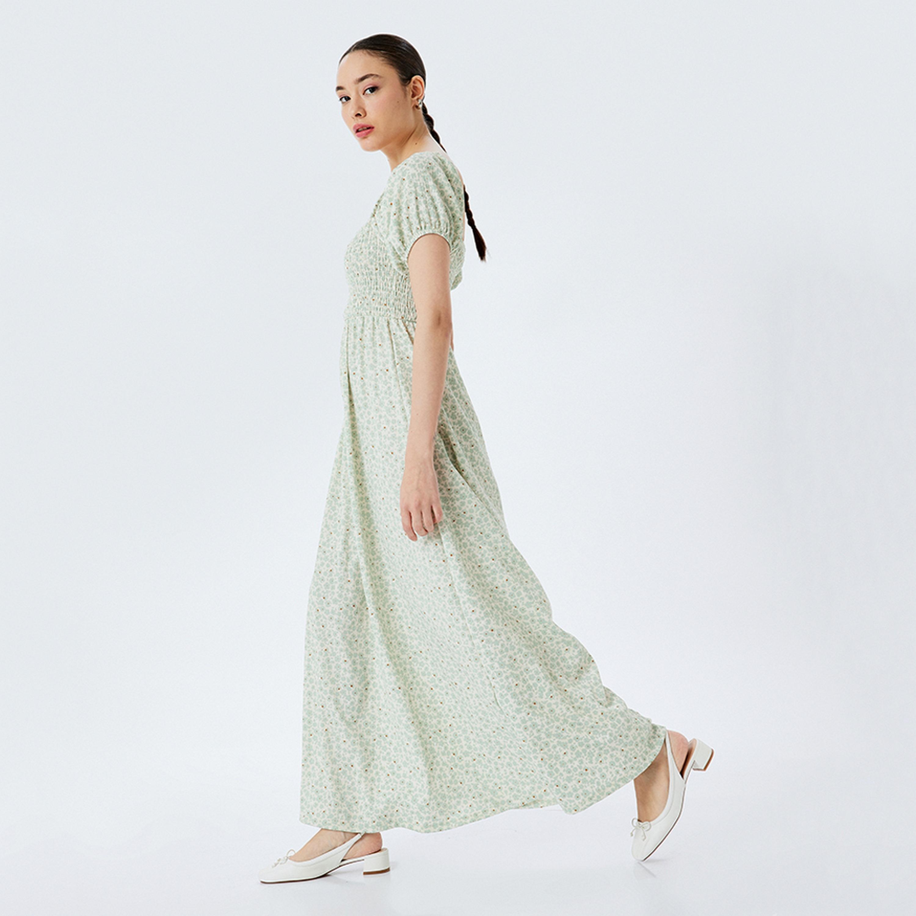 KOTON Green Smocked Abstract Print Square Neck Women's Maxi Dress-women-clothing-dresses-image-4