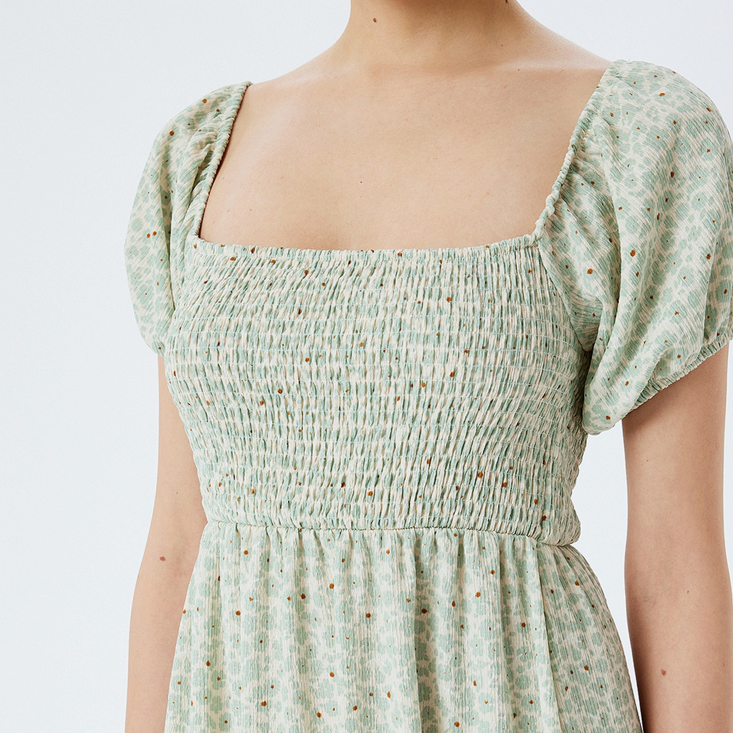 KOTON Green Smocked Abstract Print Square Neck Women's Maxi Dress-women-clothing-dresses-image-5