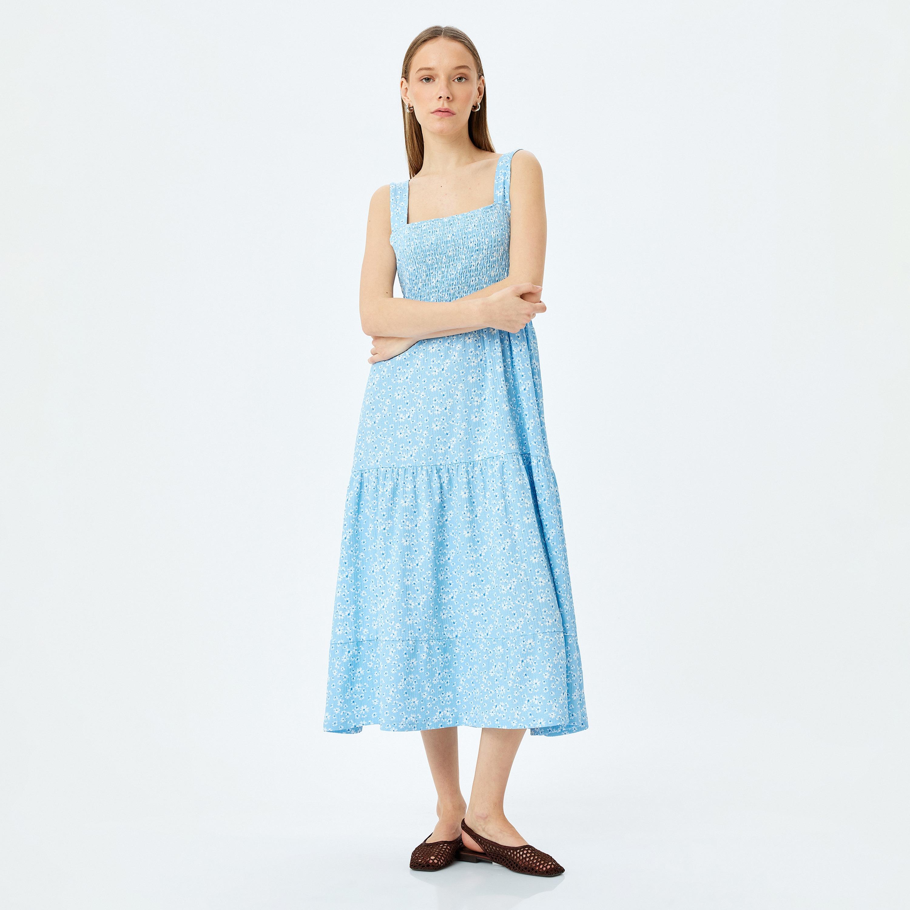 Koton Blue Smocked Square Neck Tiered Women's Midi Dress-women-clothing-dresses-image-1