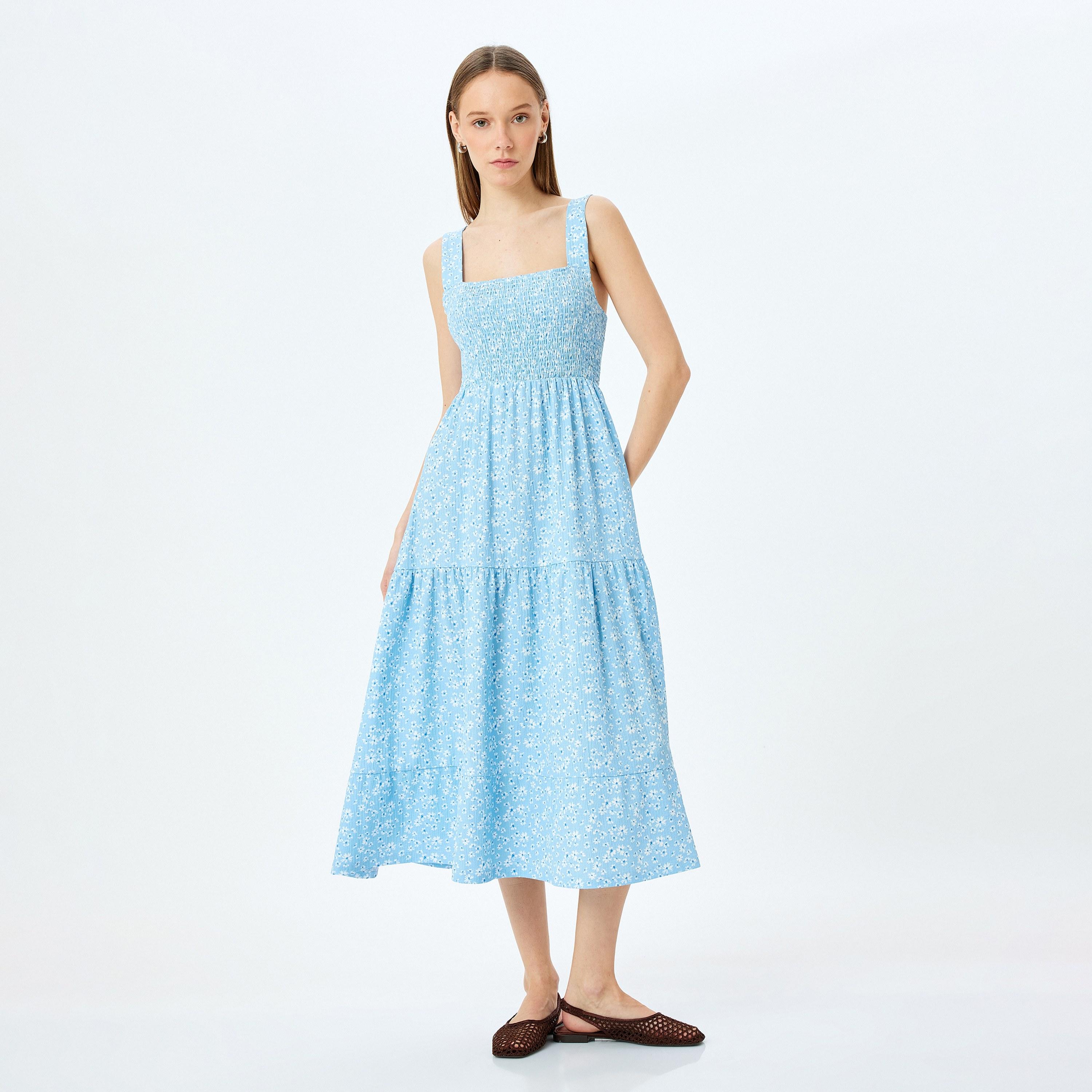 Koton Blue Smocked Square Neck Tiered Women's Midi Dress-women-clothing-dresses-image-2