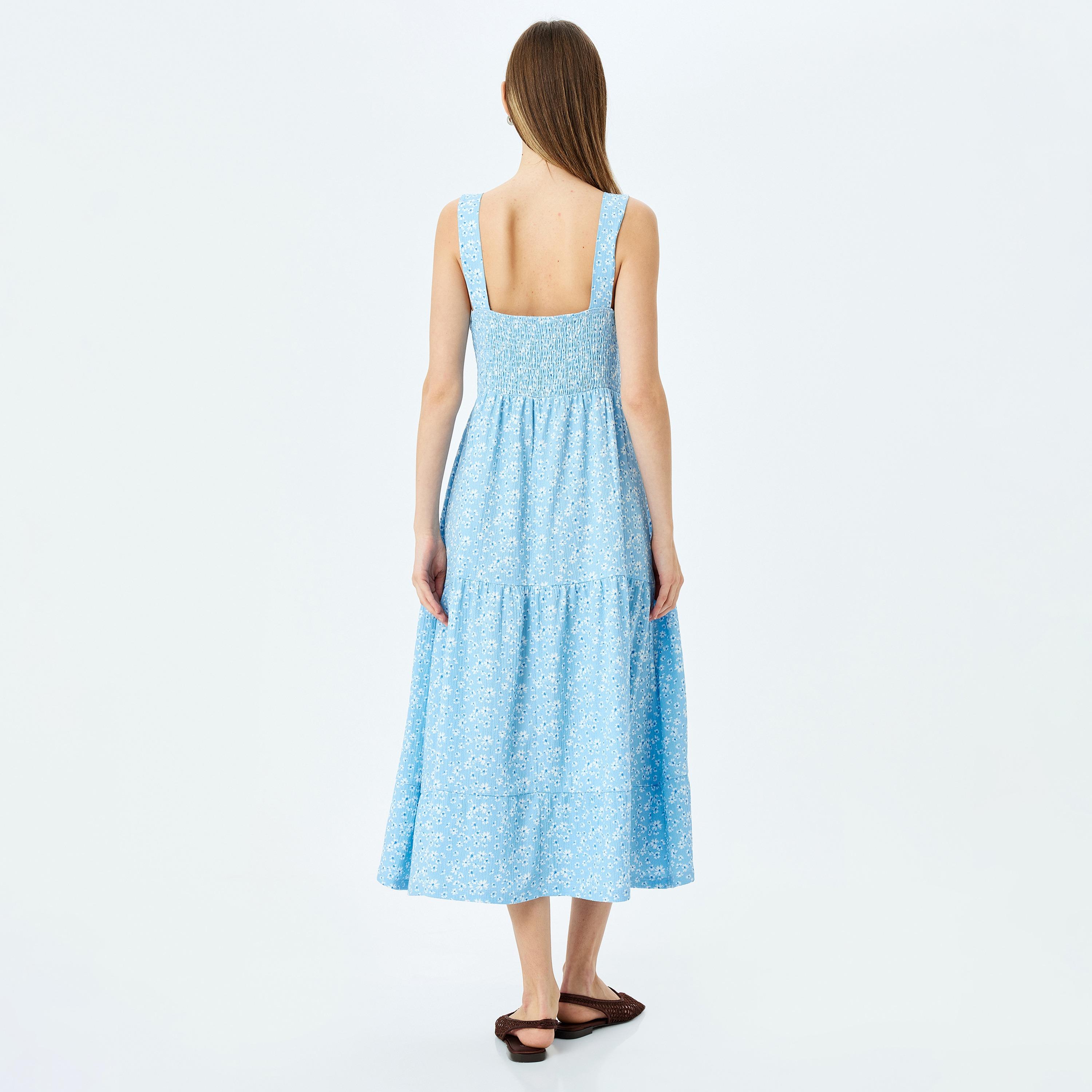 Koton Blue Smocked Square Neck Tiered Women's Midi Dress-women-clothing-dresses-image-3