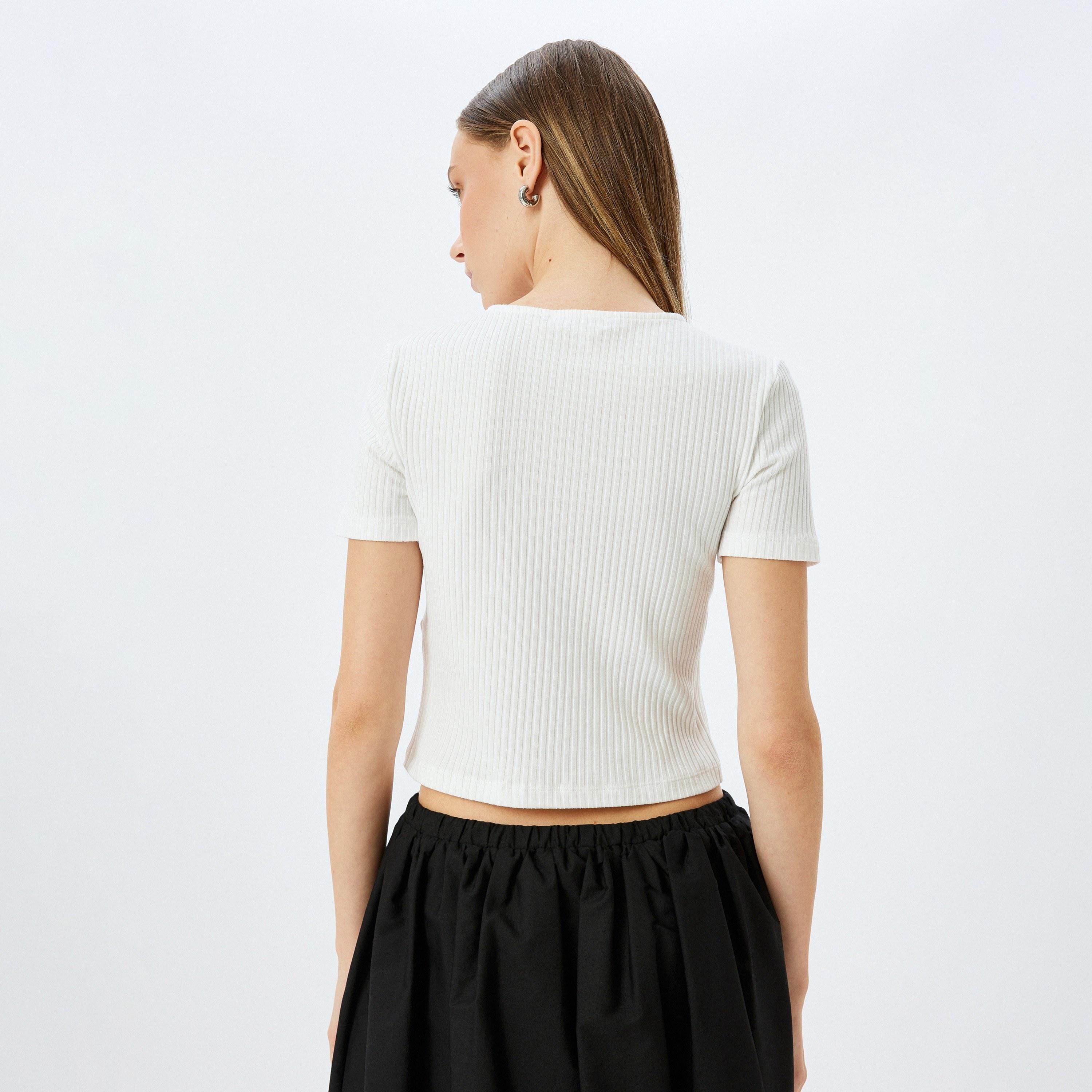 Koton Beige Ribbed Round Neck Short Sleeves Women's Top-women-clothing-shirtsandblouses-blouses-image-2