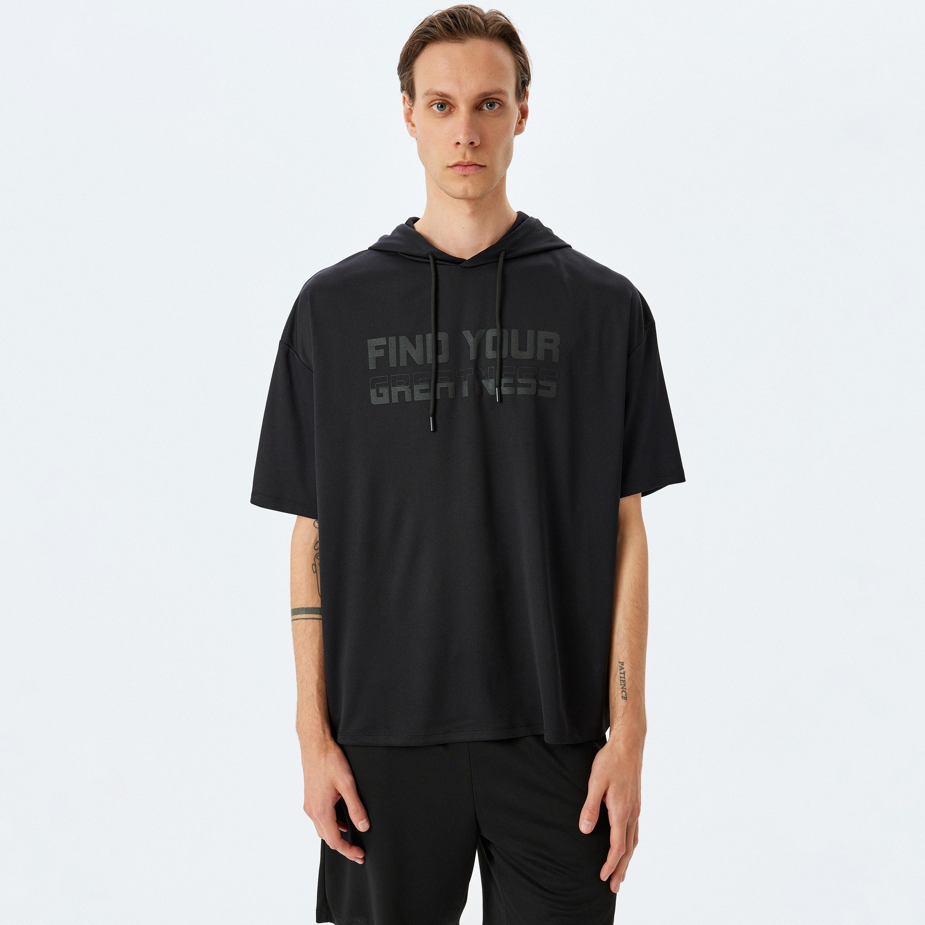 Koton Printed Hooded Neck Short Dropped Sleeves Men's T-Shirt-sports-men-clothing-tshirtsandpolos-image-1