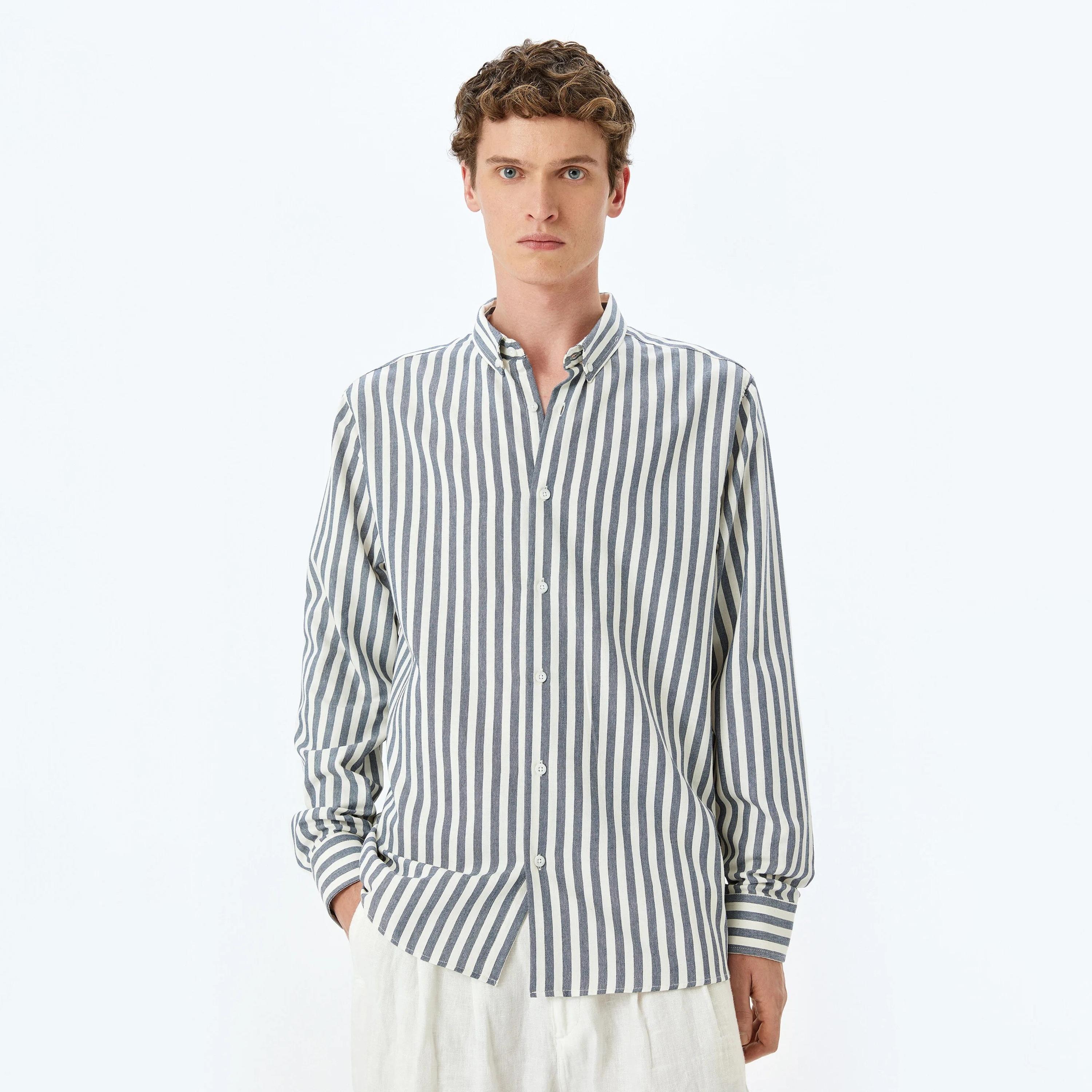Koton Regular Fit Stripes Button-Down Collar Long Sleeves Men's Shirt-men-clothing-shirts-image-1