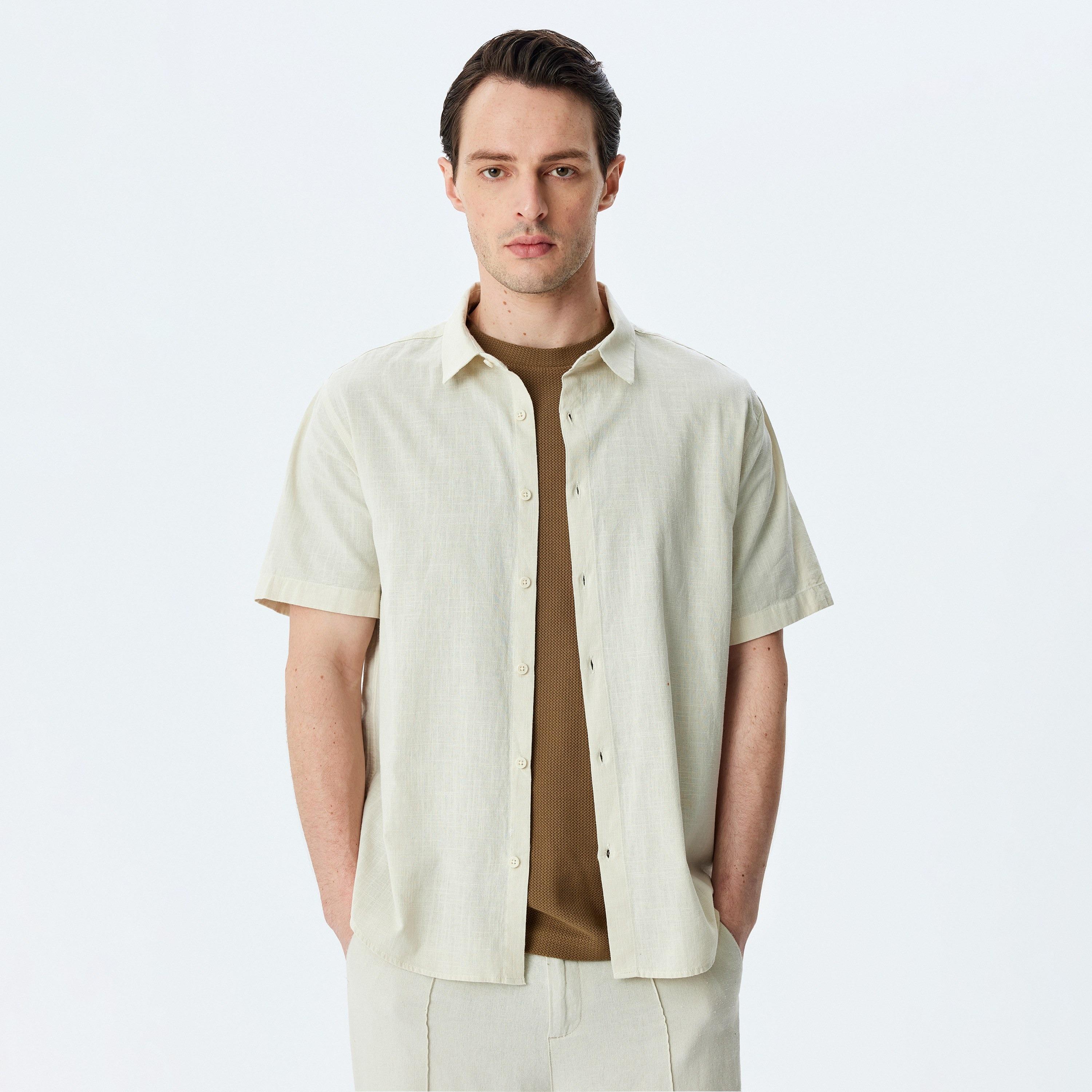 Koton Regular Fit Plain Spread Collar Short Sleeves Men's Shirt-men-clothing-shirts-image-1
