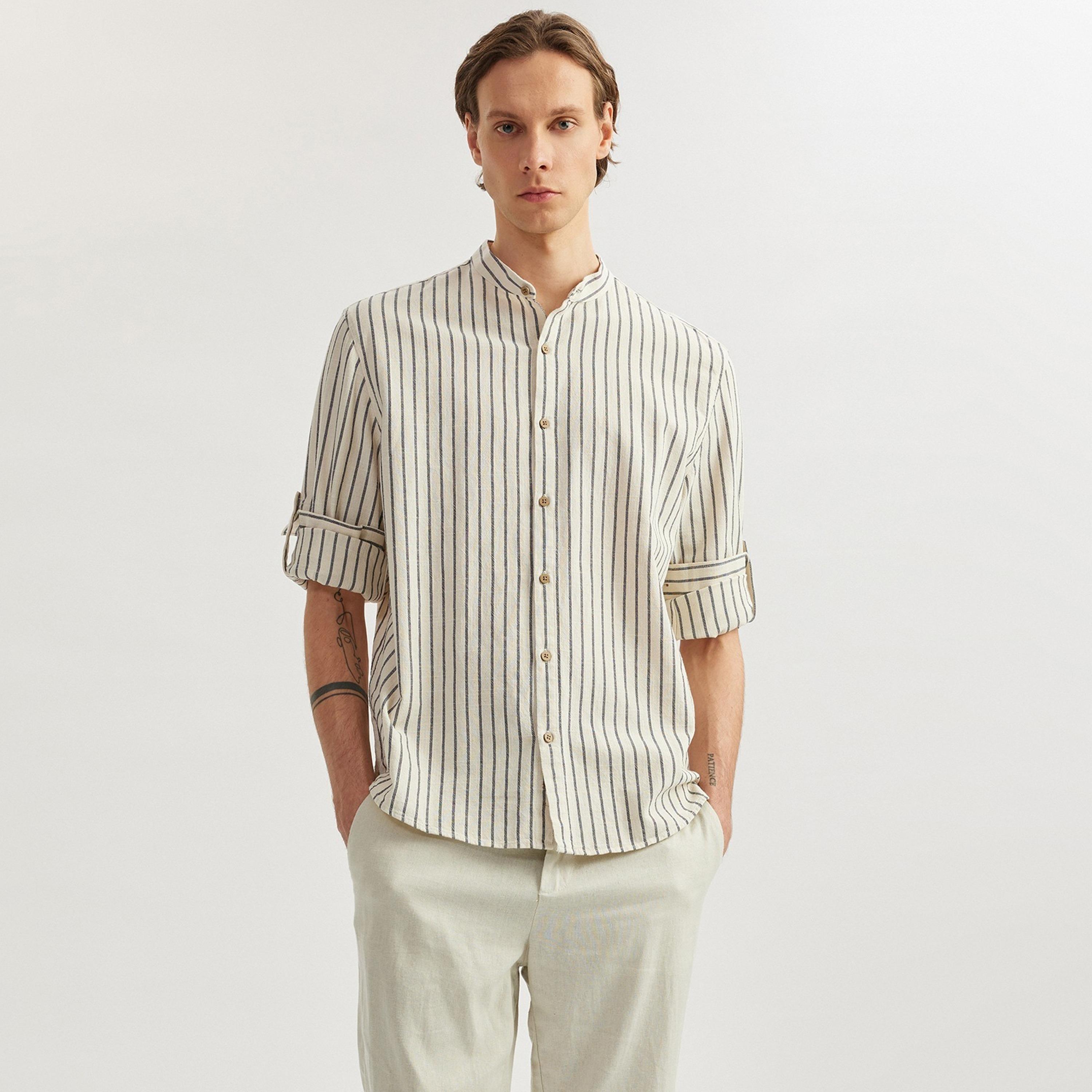 Koton Regular Fit Stripes Band Collar Long Sleeves Men's Shirt-men-clothing-shirts-image-1