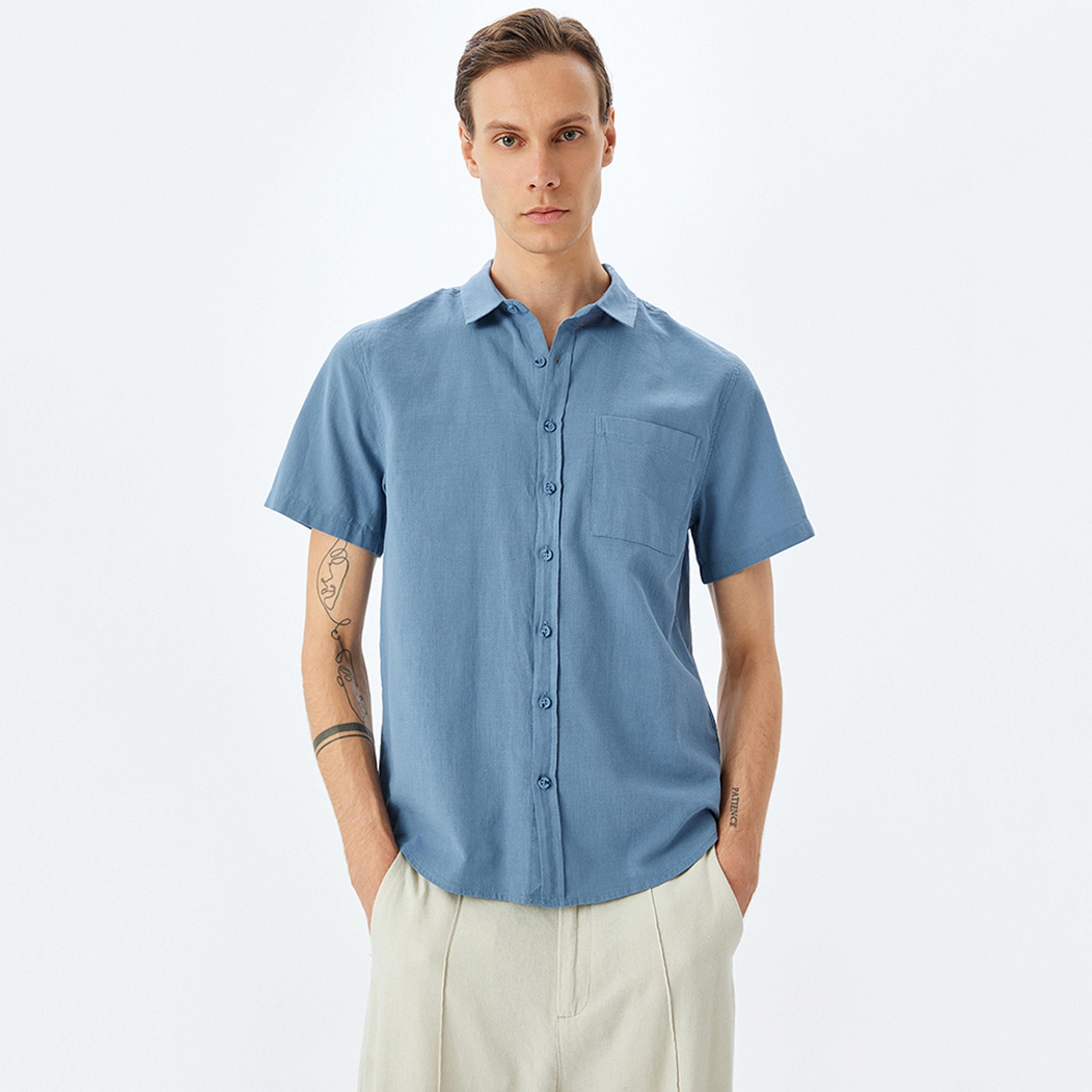 KOTON Slim Fit Plain Collared Short Sleeves Men's Shirt-men-clothing-shirts-image-1