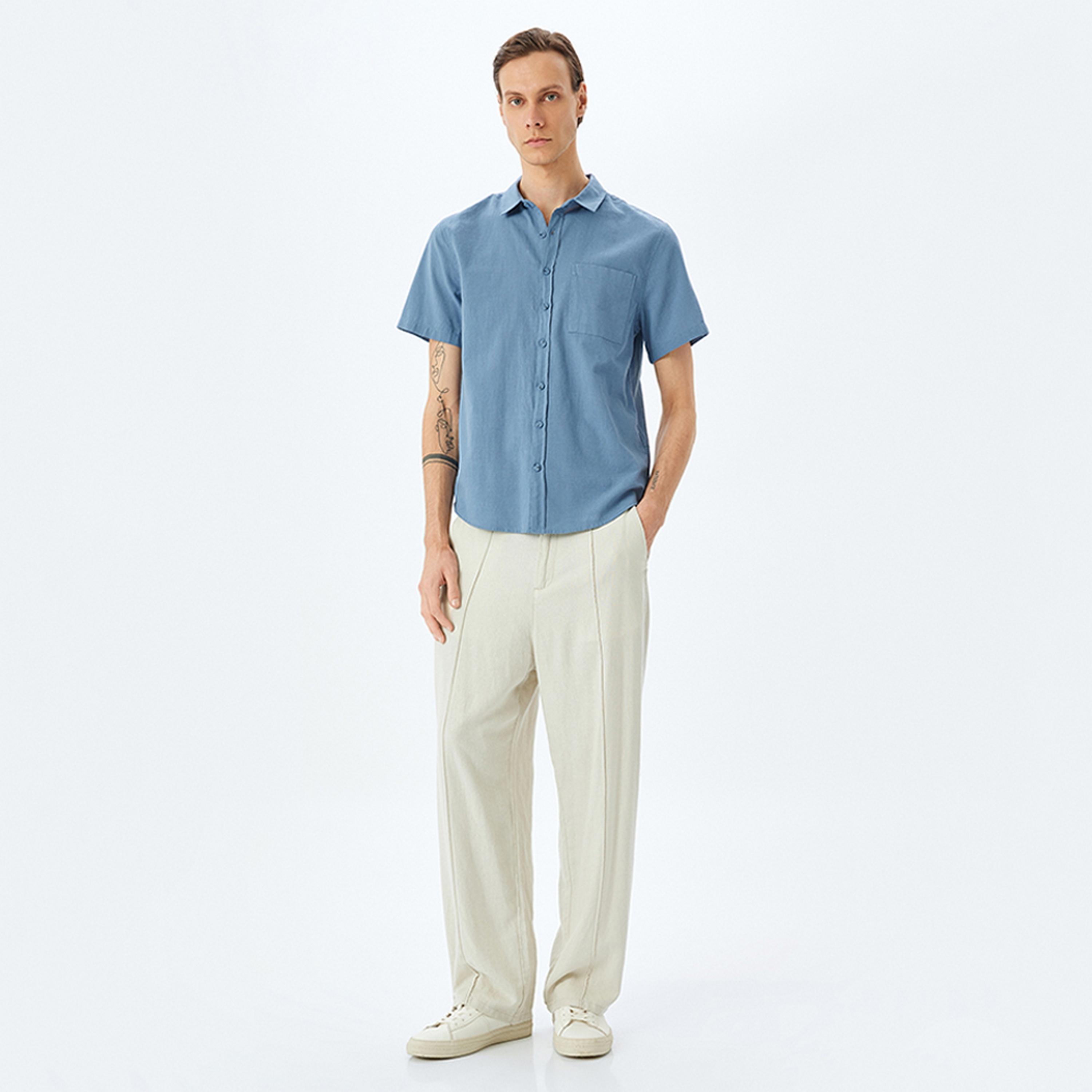 KOTON Slim Fit Plain Collared Short Sleeves Men's Shirt-men-clothing-shirts-image-2