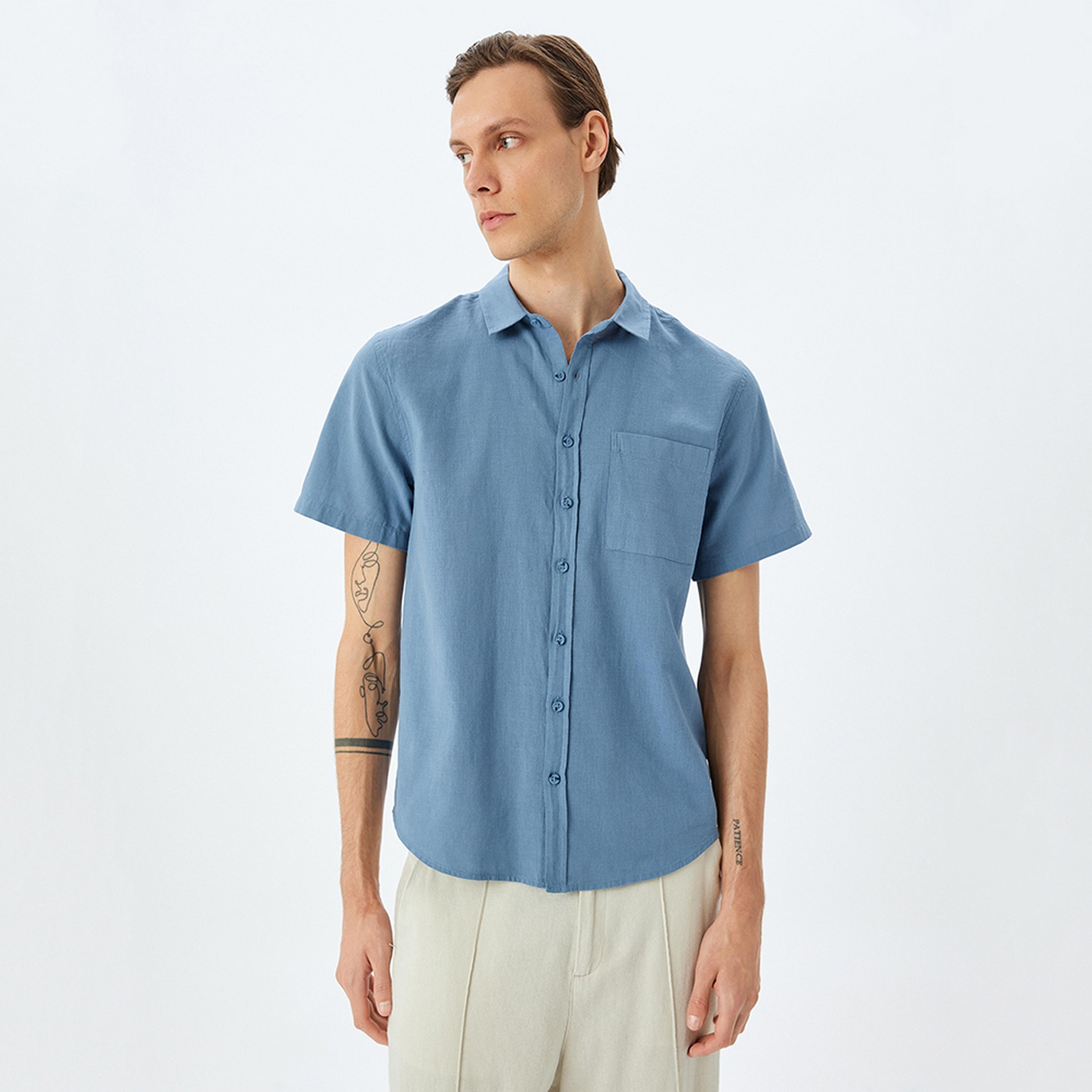 KOTON Slim Fit Plain Collared Short Sleeves Men's Shirt-men-clothing-shirts-image-5