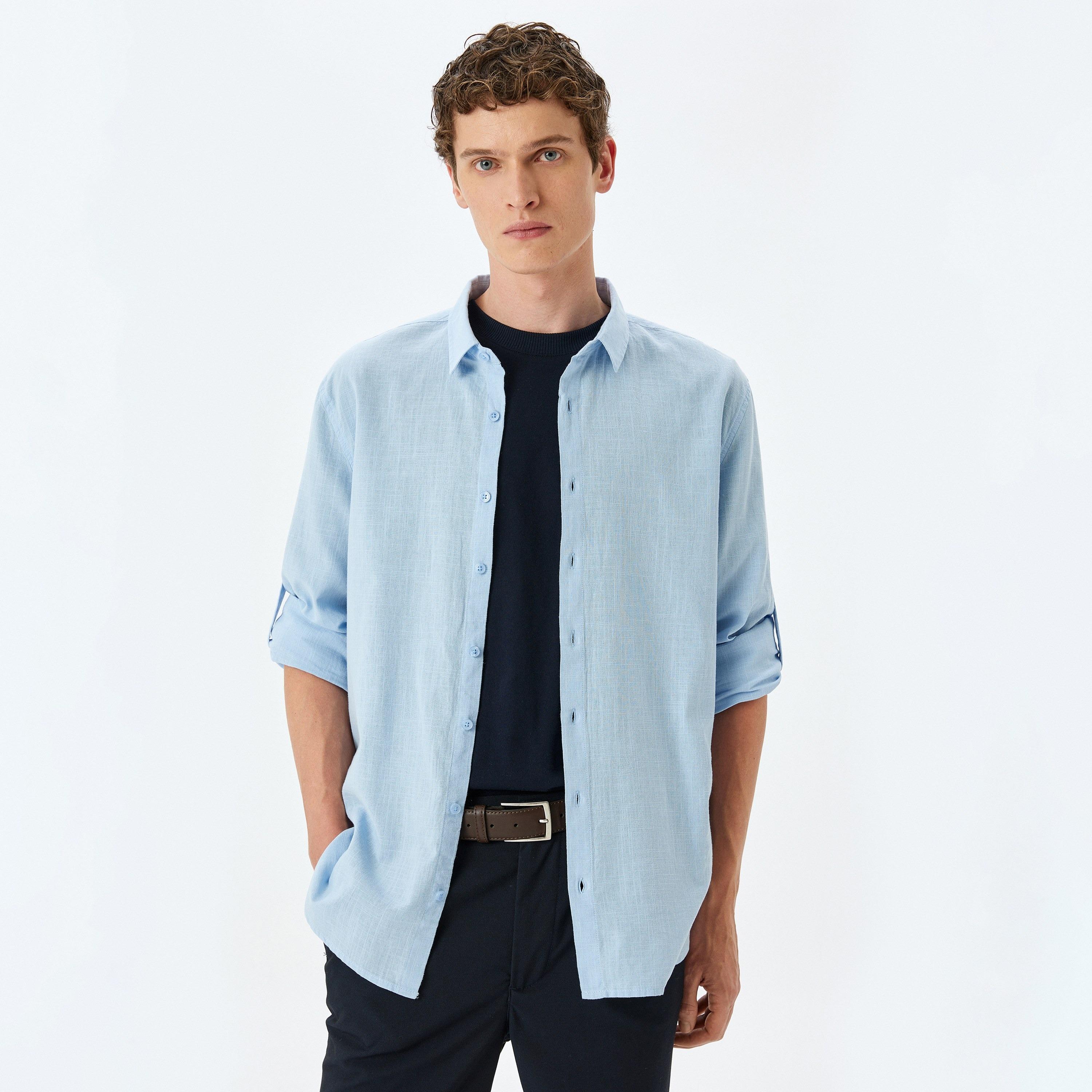 Koton Regular Fit Plain Spread Collar Long Sleeves Men's Shirt-men-clothing-shirts-image-1
