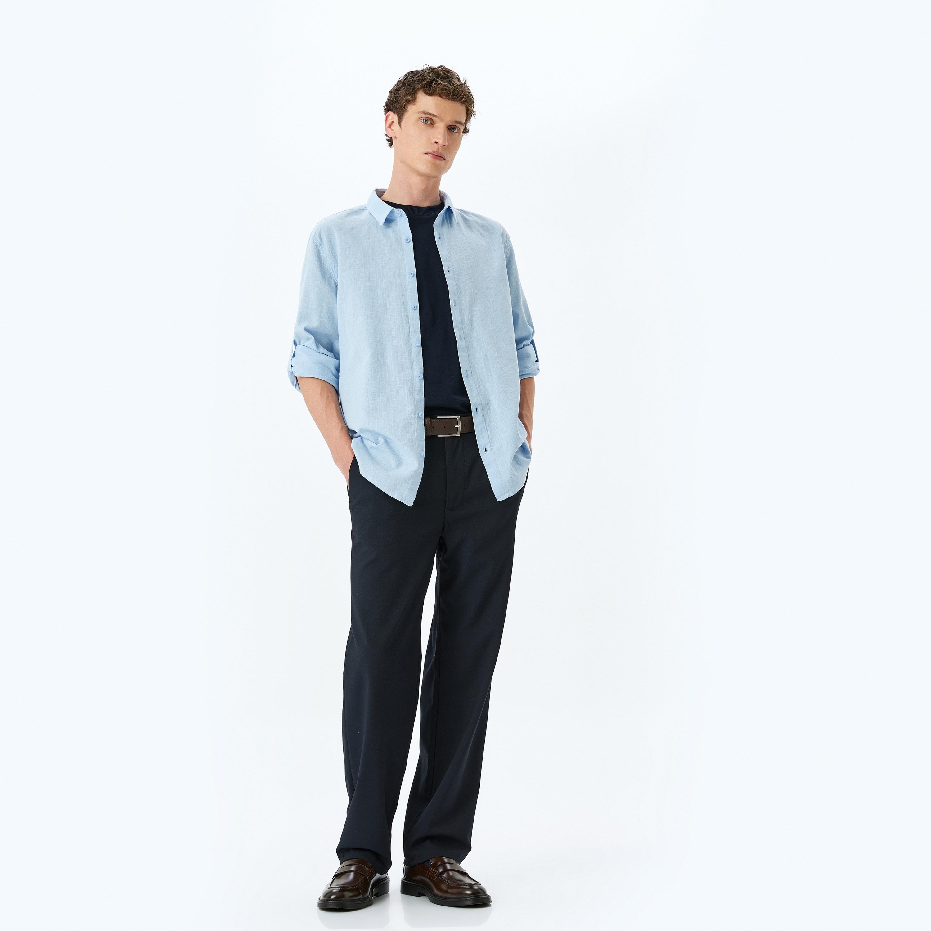 Koton Regular Fit Plain Spread Collar Long Sleeves Men's Shirt-men-clothing-shirts-image-2