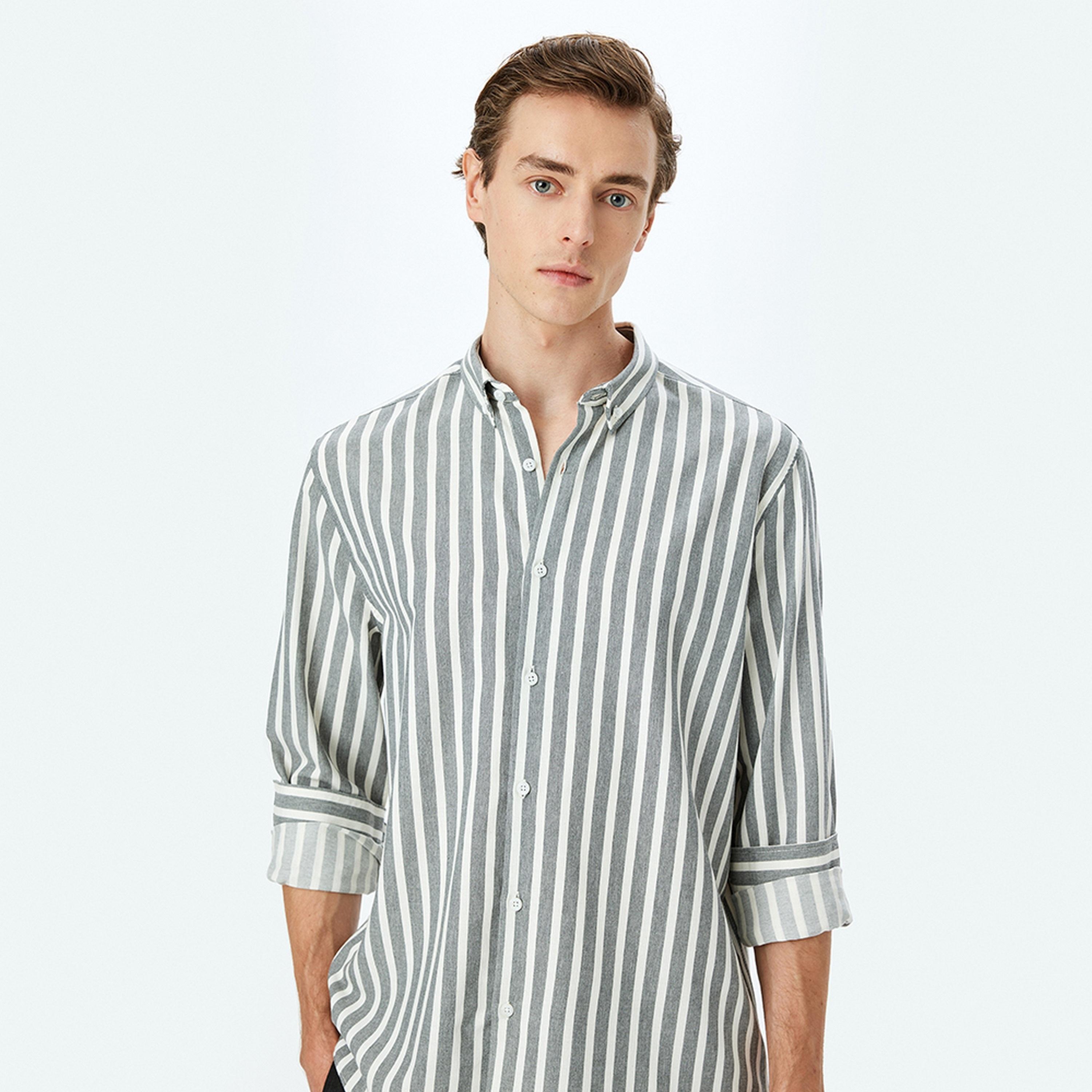 KOTON Slim Fit Striped Button-Down Collar Long Sleeves Men's Shirt-men-clothing-shirts-image-5