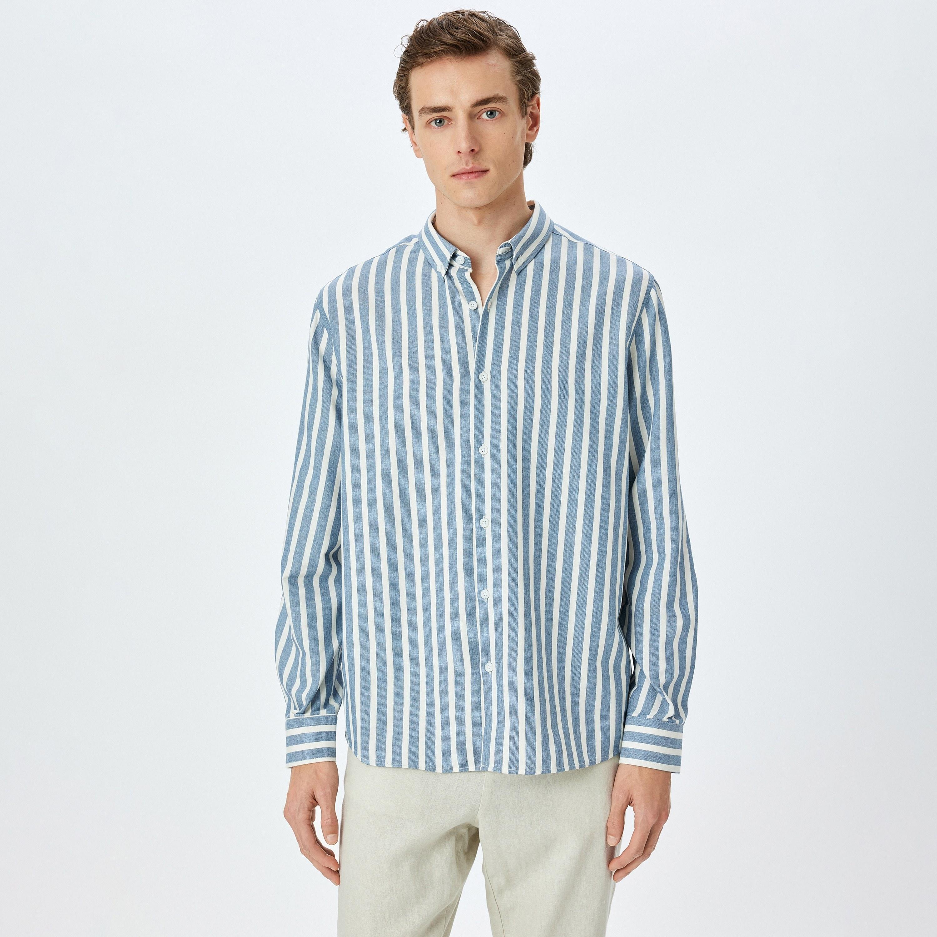 قميص كوتون سليم فيت سترايبس بياقة بأكمام طويلة وأكمام طويلة-men-clothing-shirts-image-1