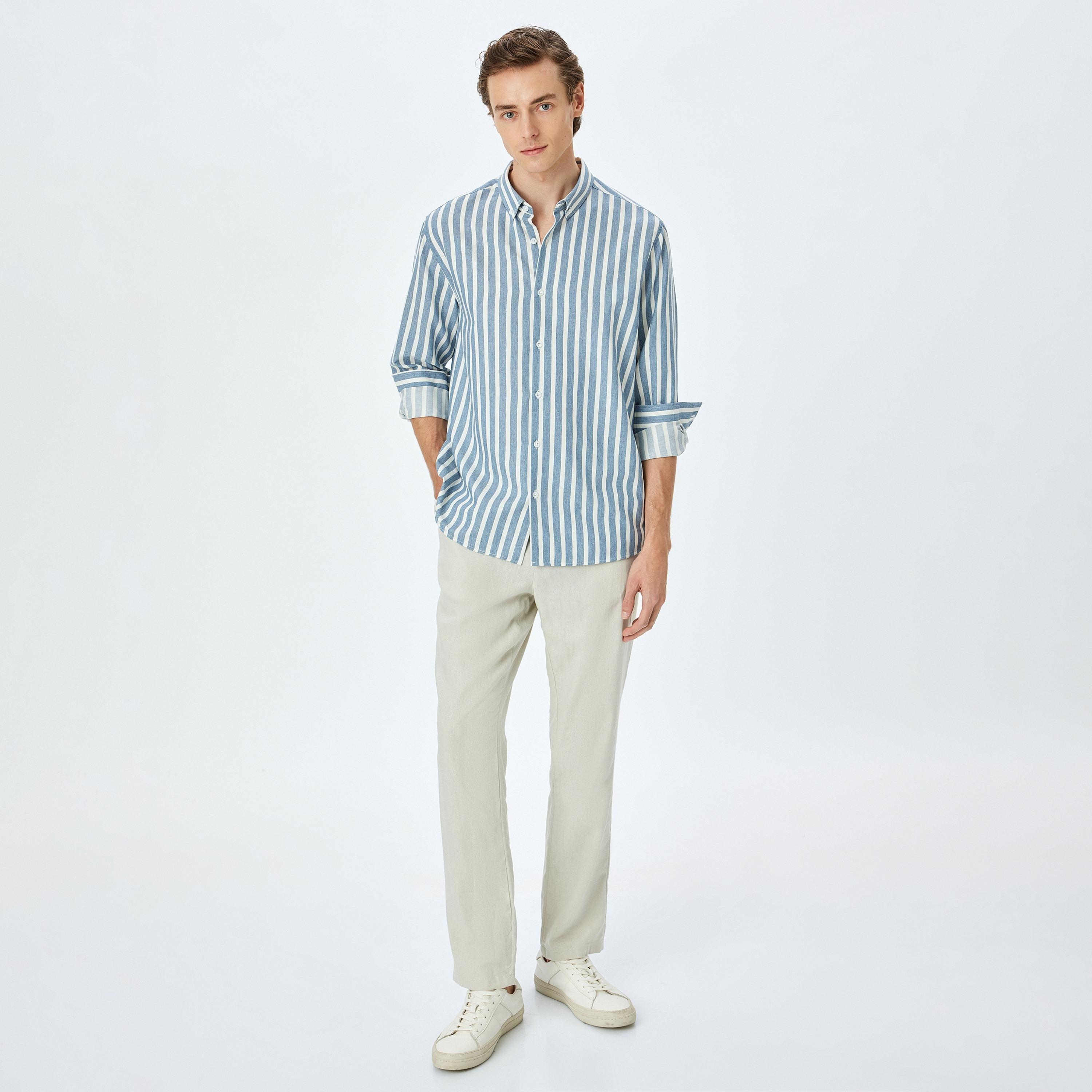 Koton Slim Fit Stripes Button-Down Collar Long Sleeves Men's Shirt-men-clothing-shirts-image-2