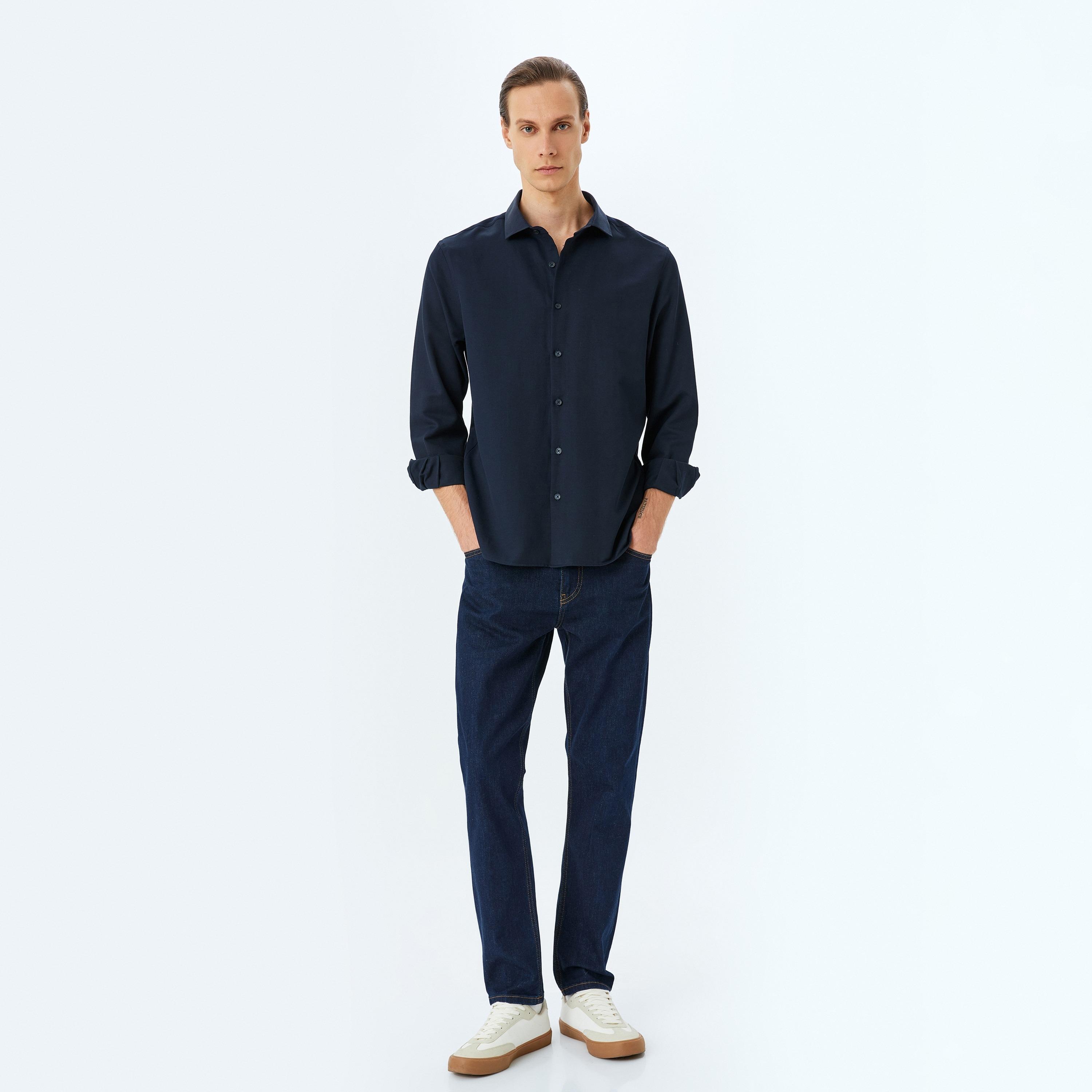 Koton Regular Fit Plain Spread Collar Long Sleeves Men's Shirt-men-clothing-shirts-image-2