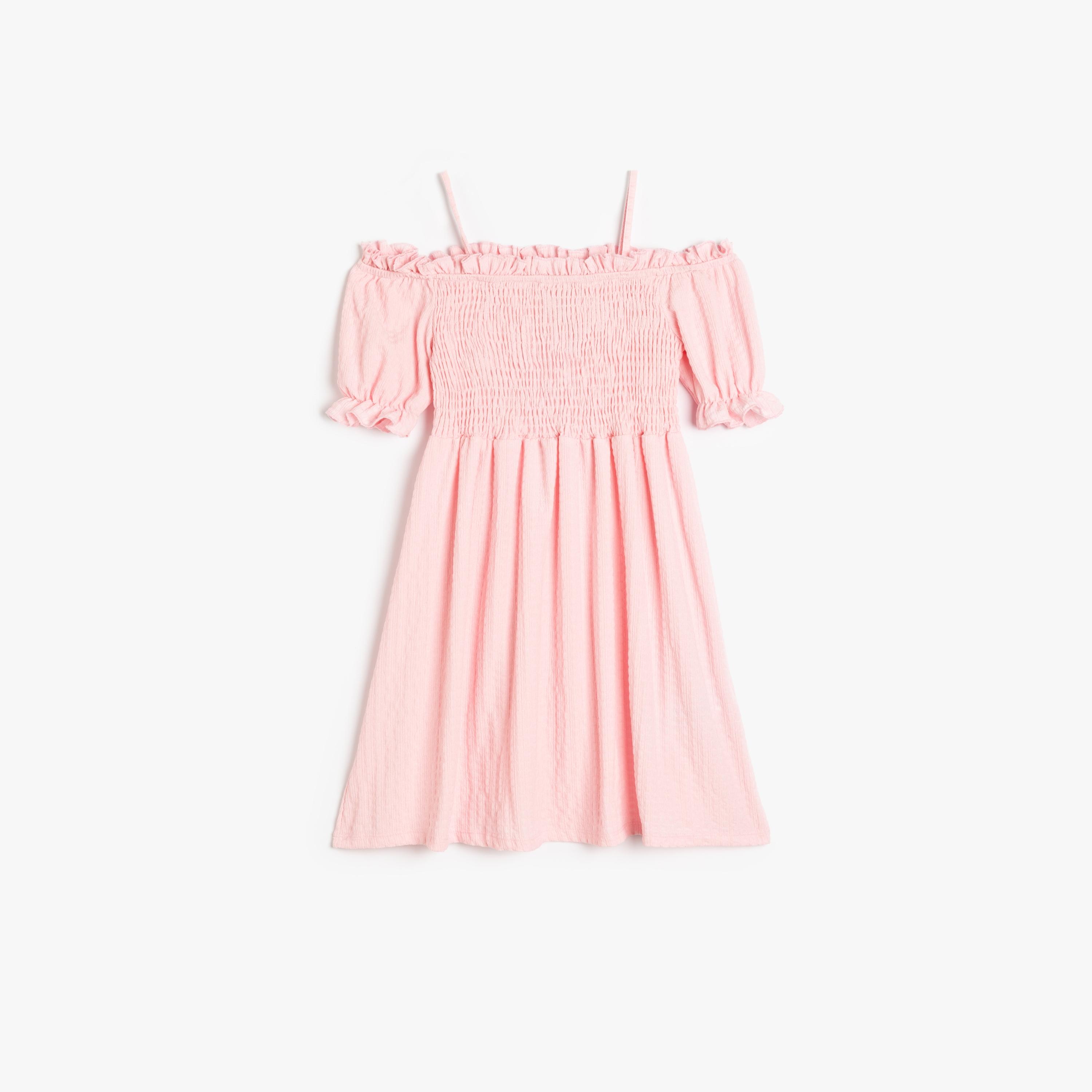 فستان بقصة ايه-لاين بياقة مربعة وأكمام قصيرة، سادة من كوتون-girls-clothing-dressesandjumpsuits-image-1