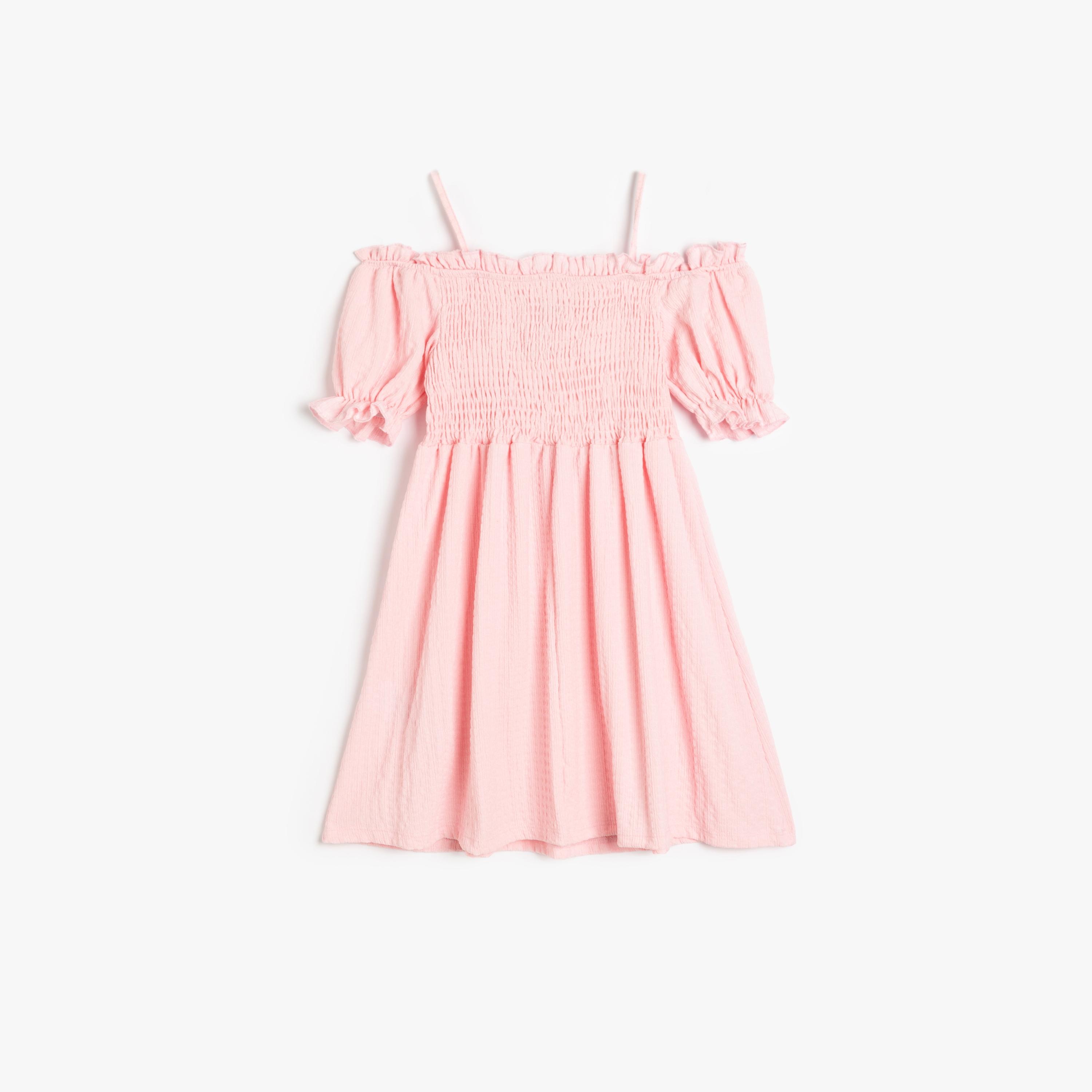 فستان بقصة ايه-لاين بياقة مربعة وأكمام قصيرة، سادة من كوتون-girls-clothing-dressesandjumpsuits-image-2