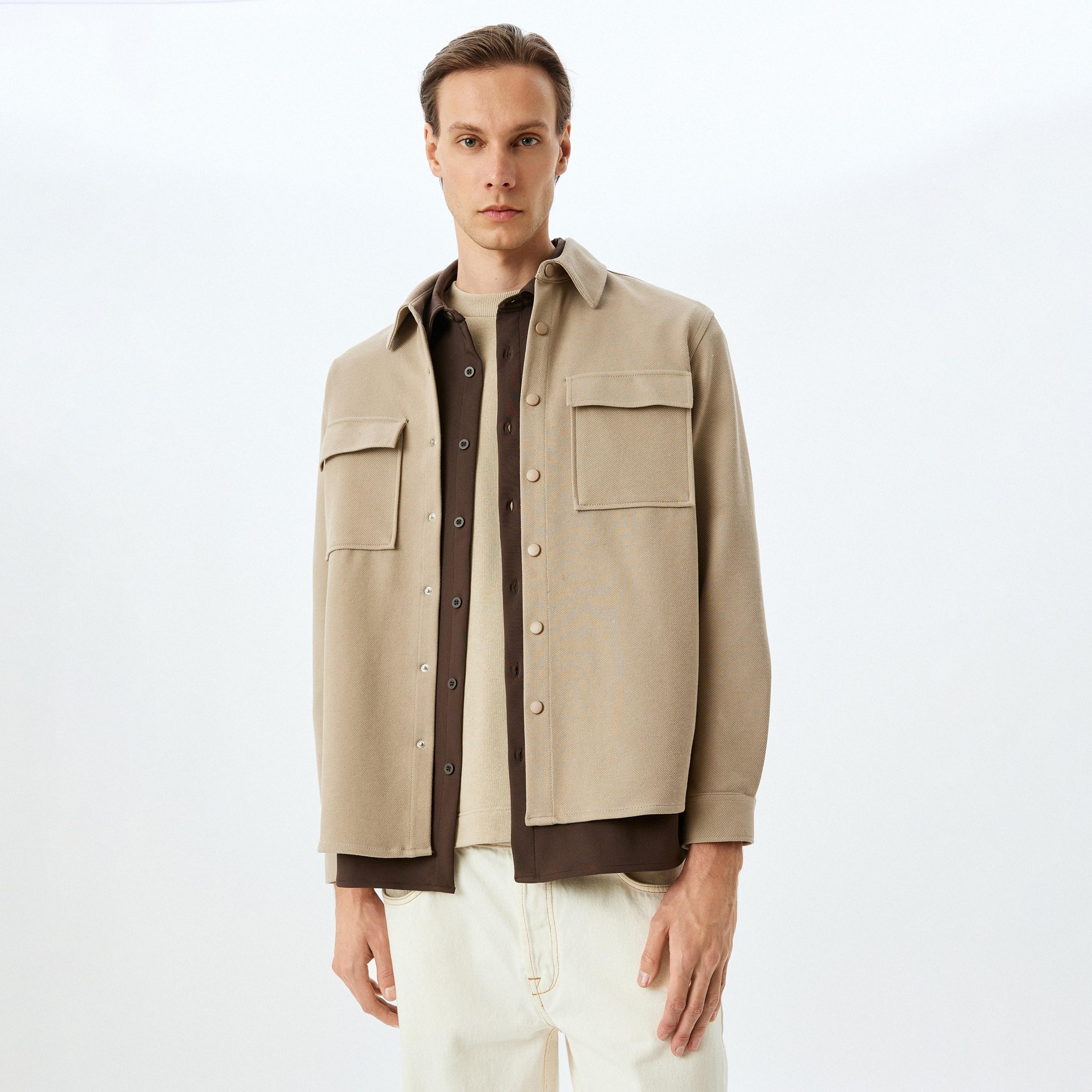 Koton Plain Spread Collar Long Sleeves Men's Shacket-men-clothing-jacketsandblazers-jackets-image-1