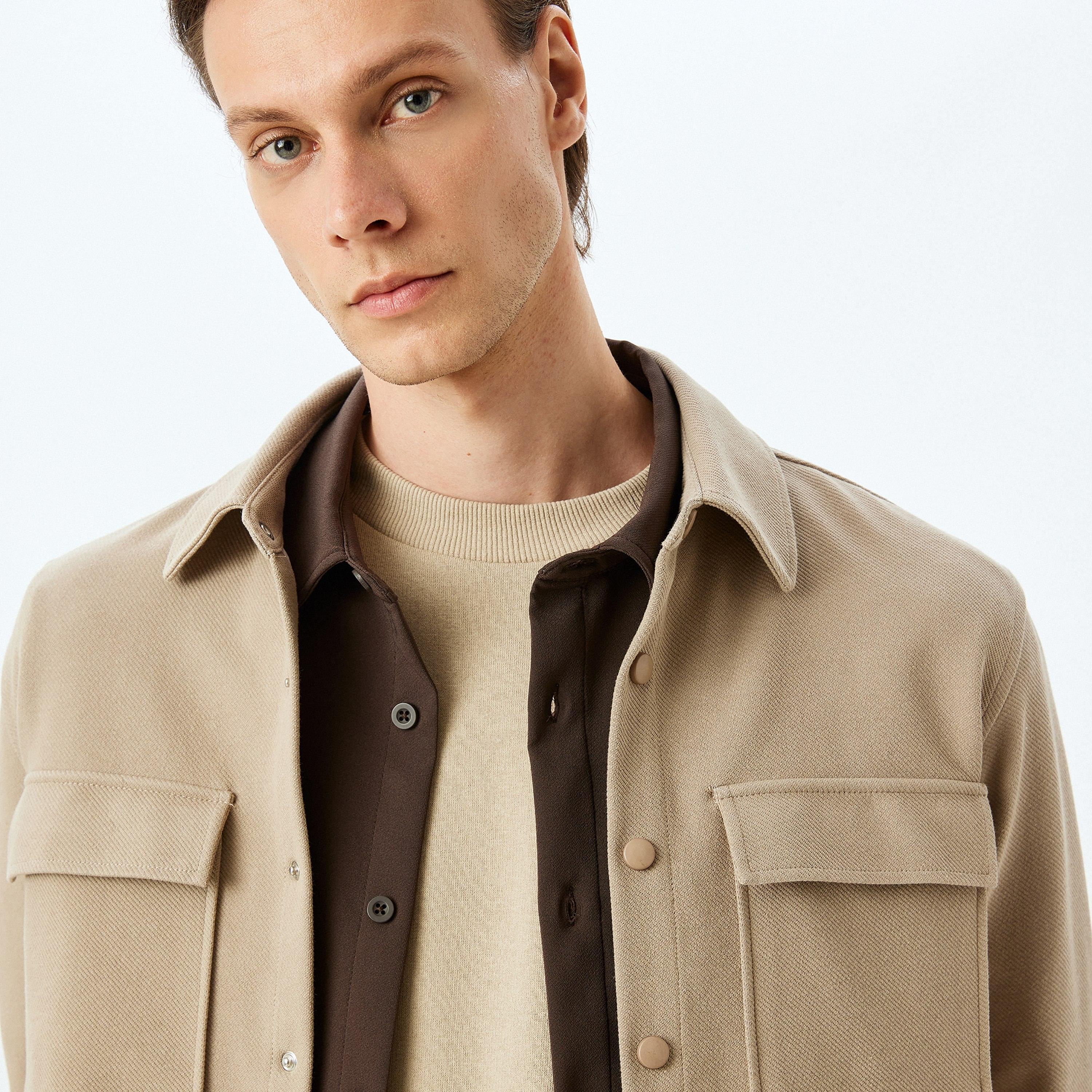 Koton Plain Spread Collar Long Sleeves Men's Shacket-men-clothing-jacketsandblazers-jackets-image-2