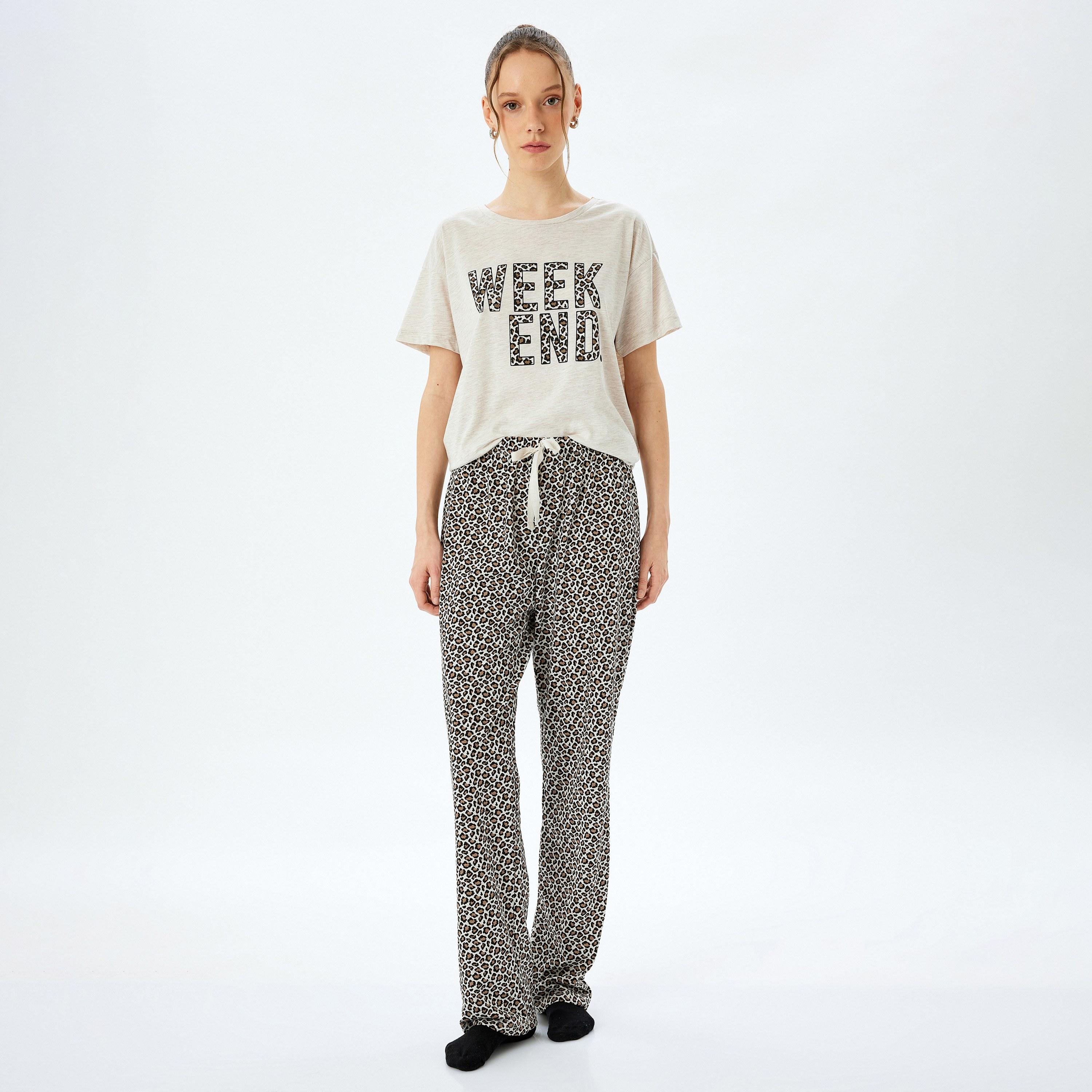 Koton Brown Animal Print Women's T-Shirt and Pyjama Set-women-clothing-nightwear-pyjamas-longsets-image-1
