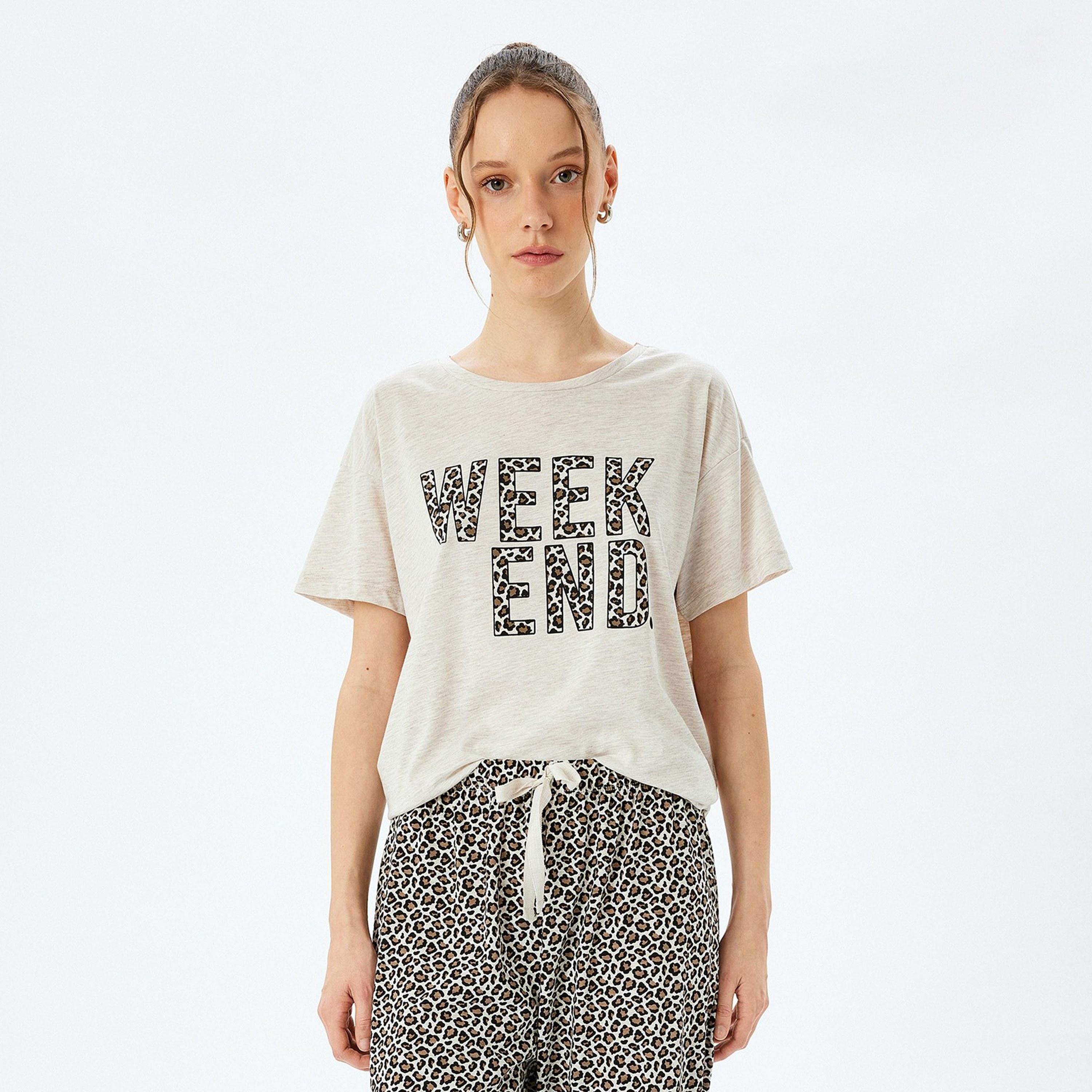 Koton Brown Animal Print Women's T-Shirt and Pyjama Set-women-clothing-nightwear-pyjamas-longsets-image-2