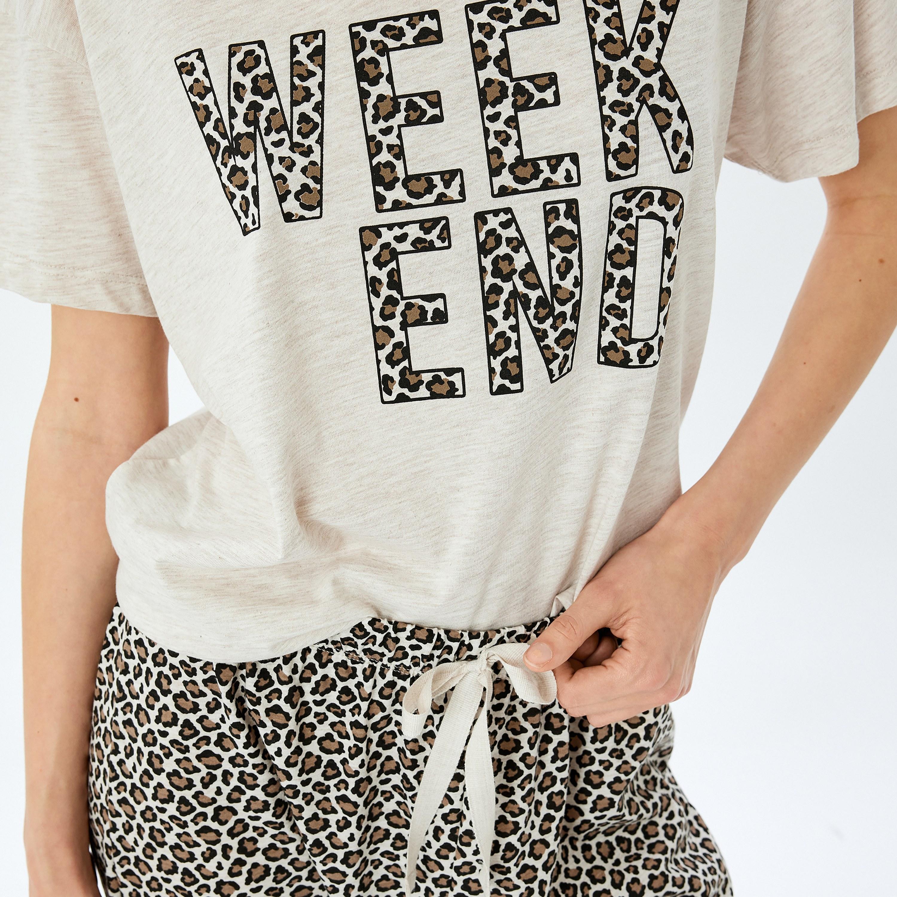 Koton Brown Animal Print Women's T-Shirt and Pyjama Set-women-clothing-nightwear-pyjamas-longsets-image-4