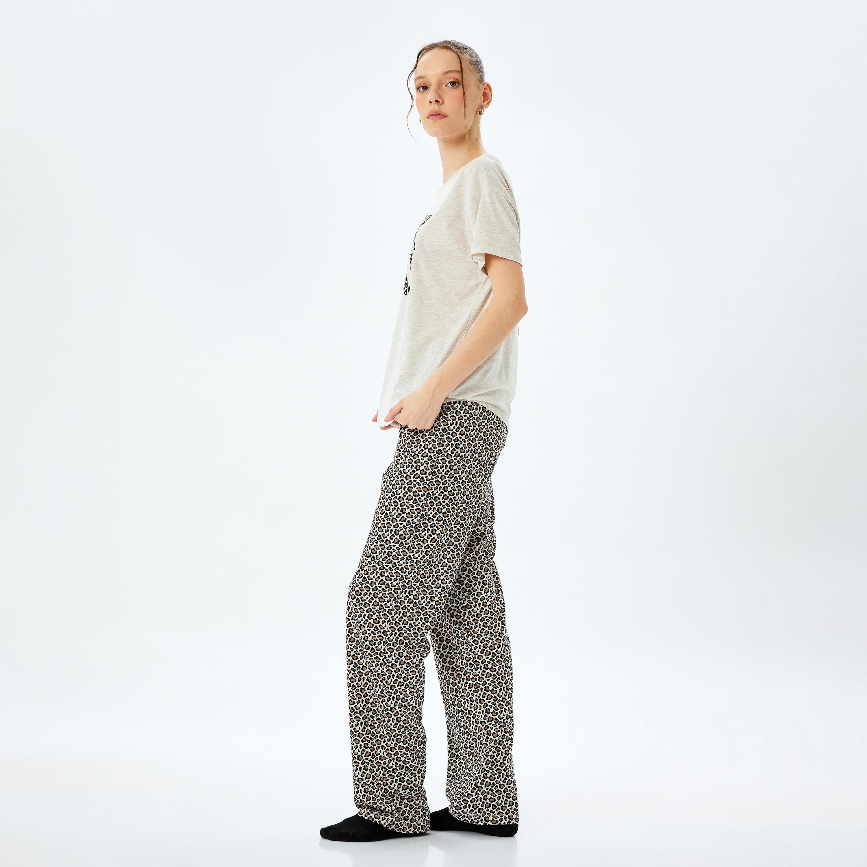 Koton Brown Animal Print Women's T-Shirt and Pyjama Set-women-clothing-nightwear-pyjamas-longsets-image-7