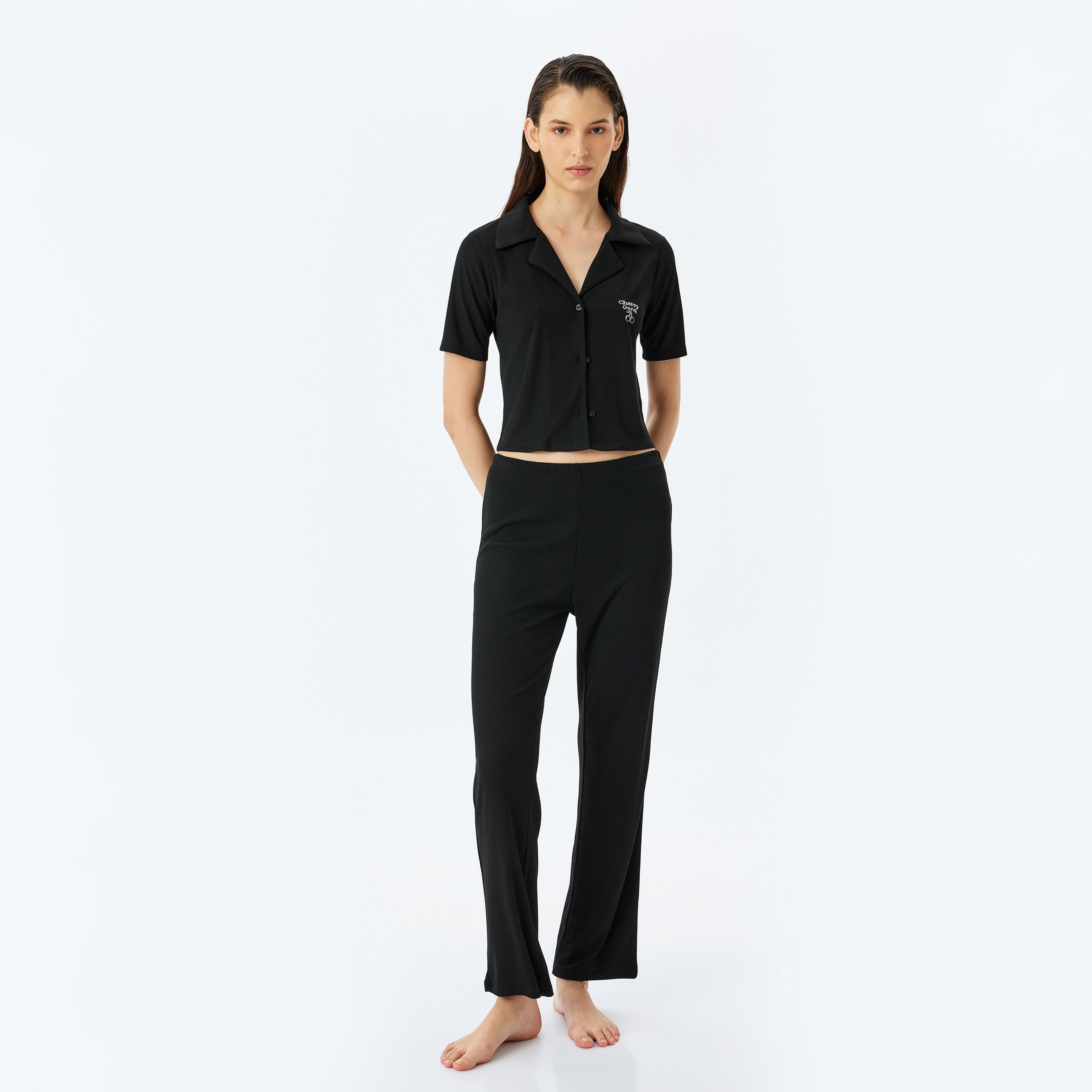 Koton Black Ribbed Women's Shirt and Pyjama Set-women-clothing-nightwear-pyjamas-longsets-image-1