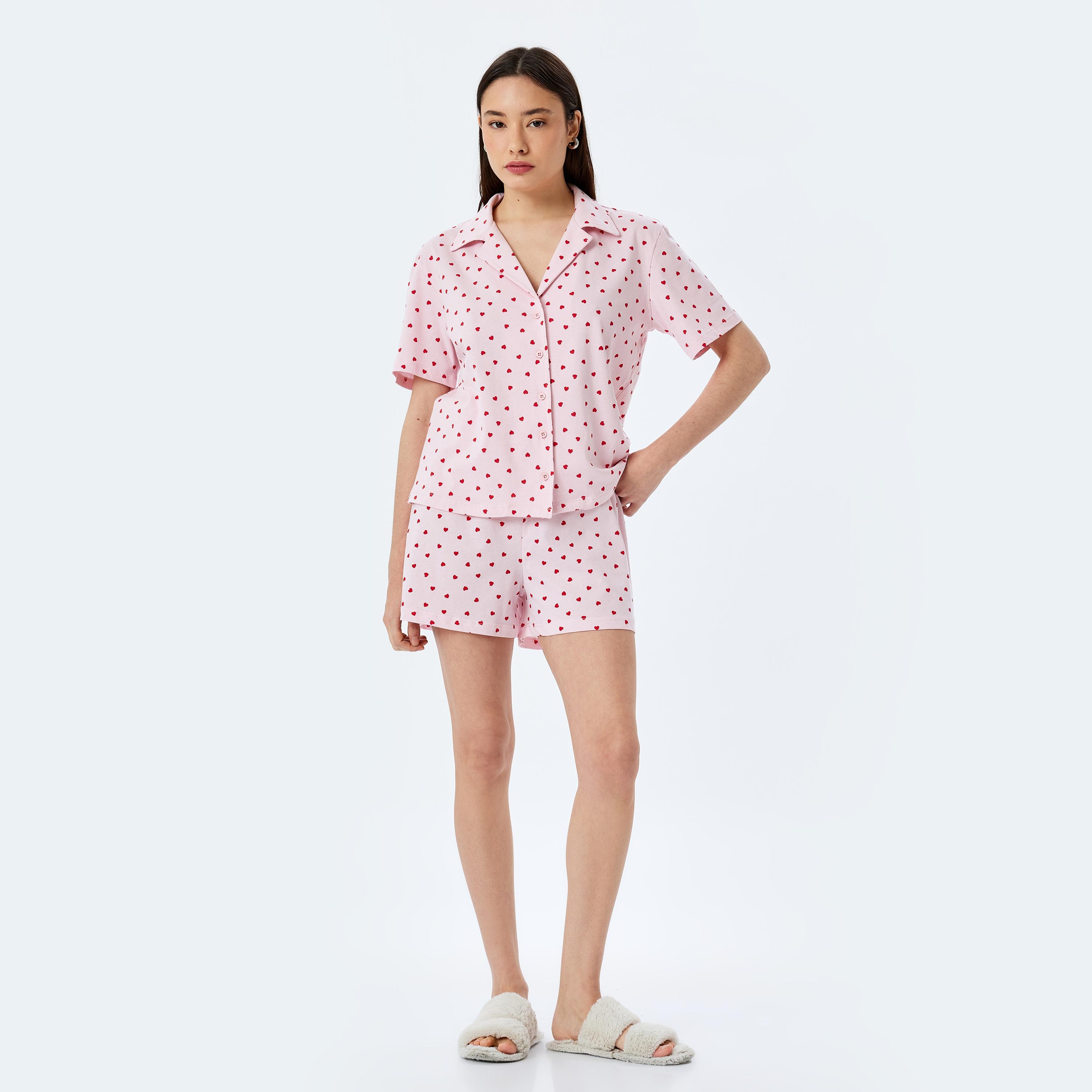 Koton Pink Heart Print Women's Shirt and Shorts Set-women-clothing-nightwear-pyjamas-shortsets-image-1