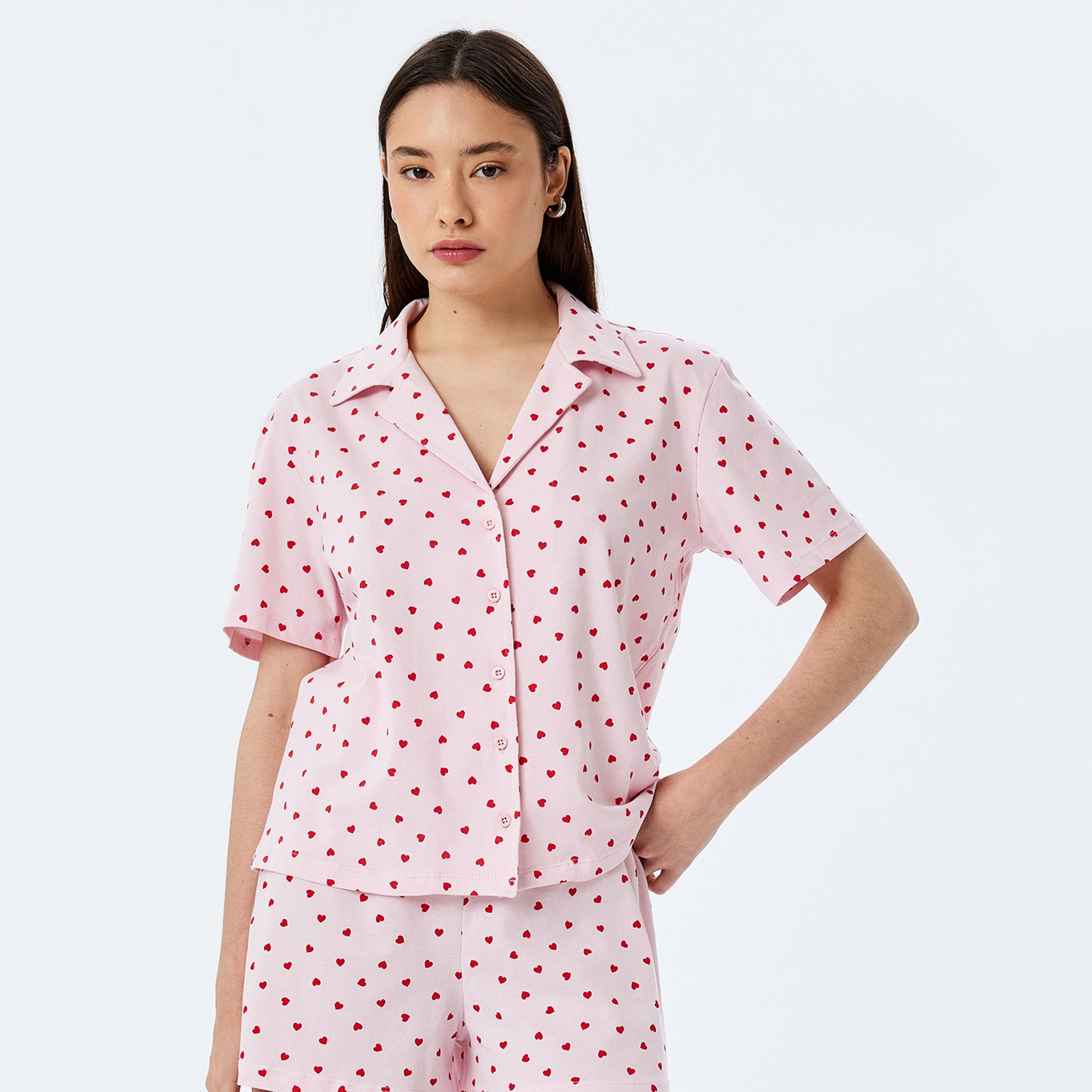 Koton Pink Heart Print Women's Shirt and Shorts Set-women-clothing-nightwear-pyjamas-shortsets-image-2